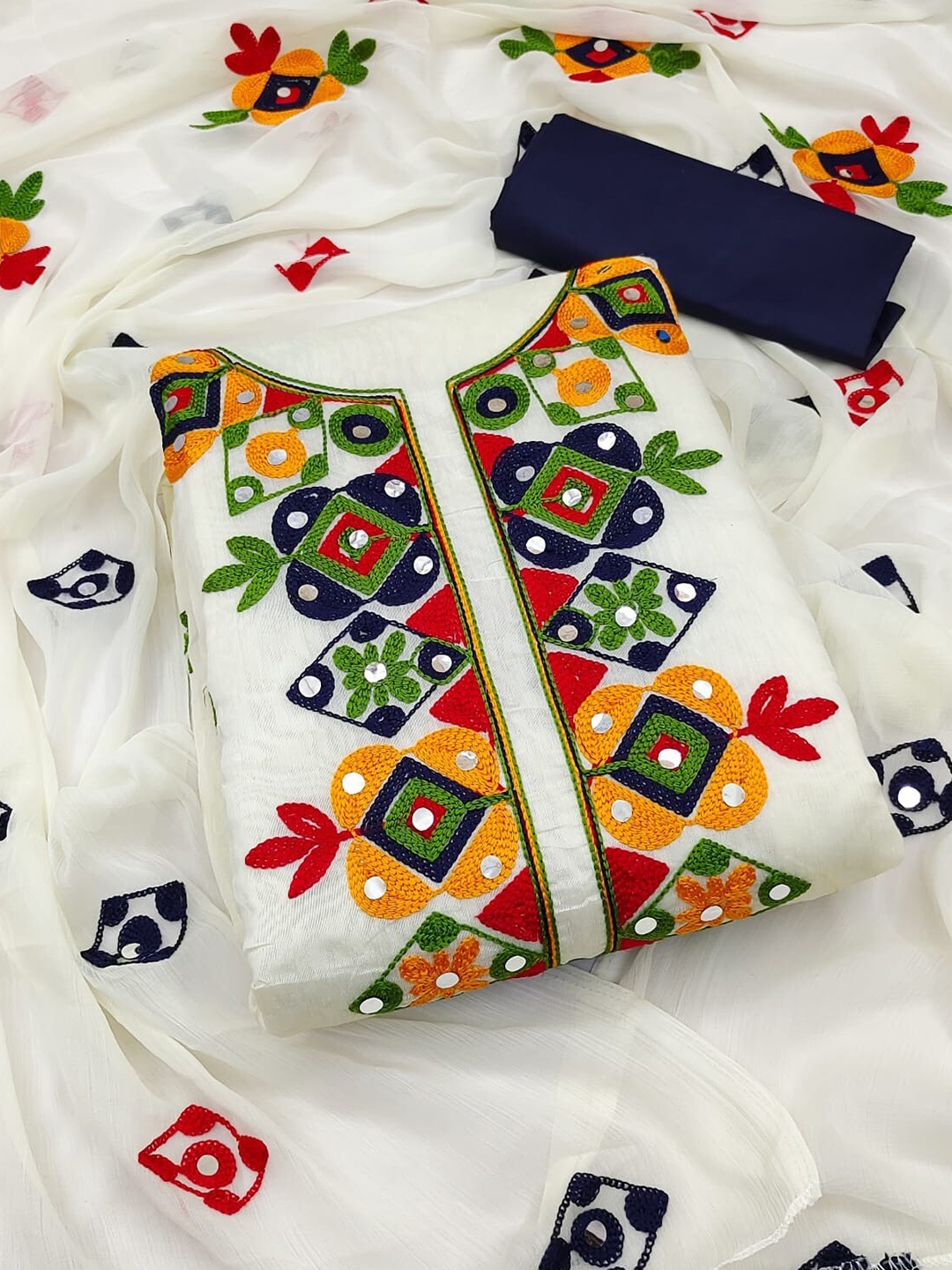 

KALINI Chanderi Embroidered Linen Unstitched salwar suit Dress Material, White