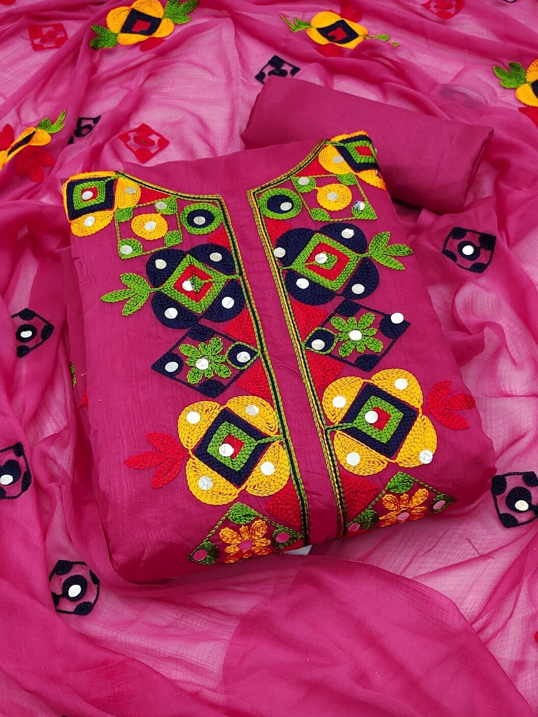 

KALINI Chaderi Embroidered Linen Unstitched Salwar Suit Dress Material, Pink