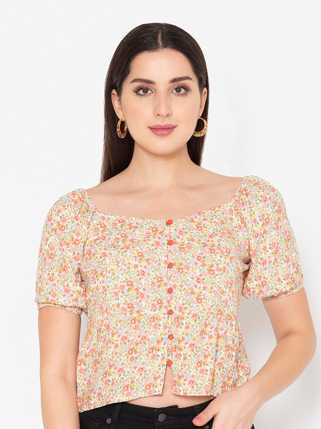 

Porsorte Floral Printed Boat Neck Crop Top, Off white