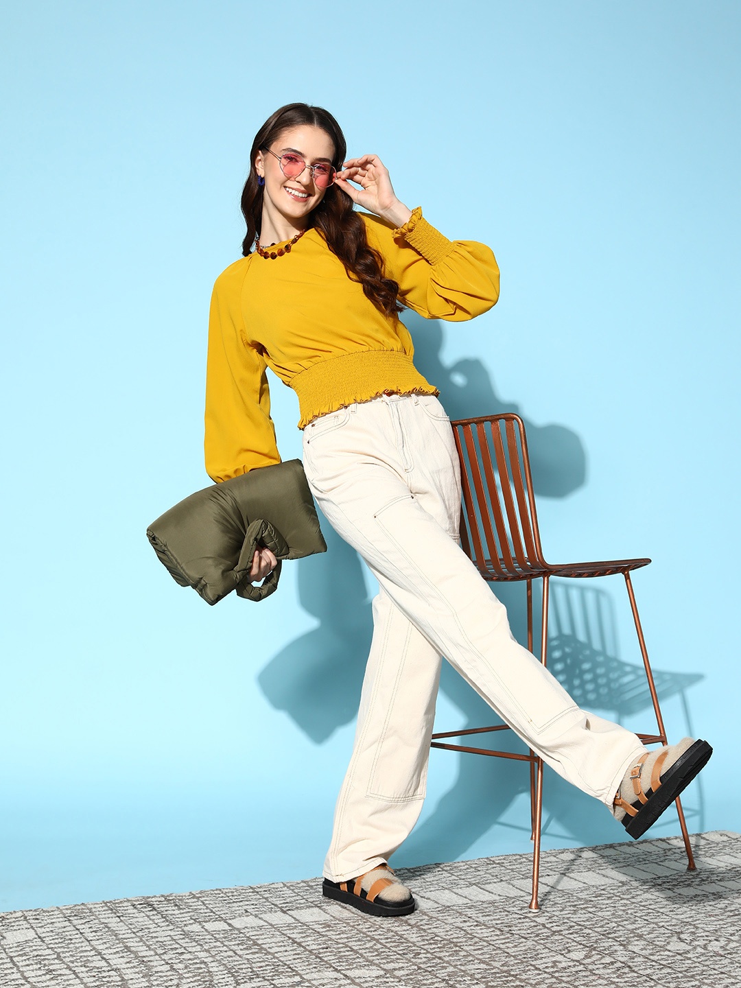 

Berrylush Bishop Sleeves Crepe Smocked Crop Top, Yellow