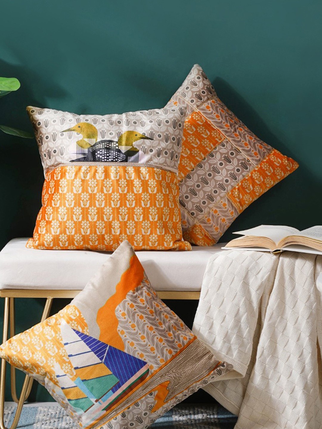

Nestasia Orange & Blue Set of 3 Floral Velvet Square Cushion Covers
