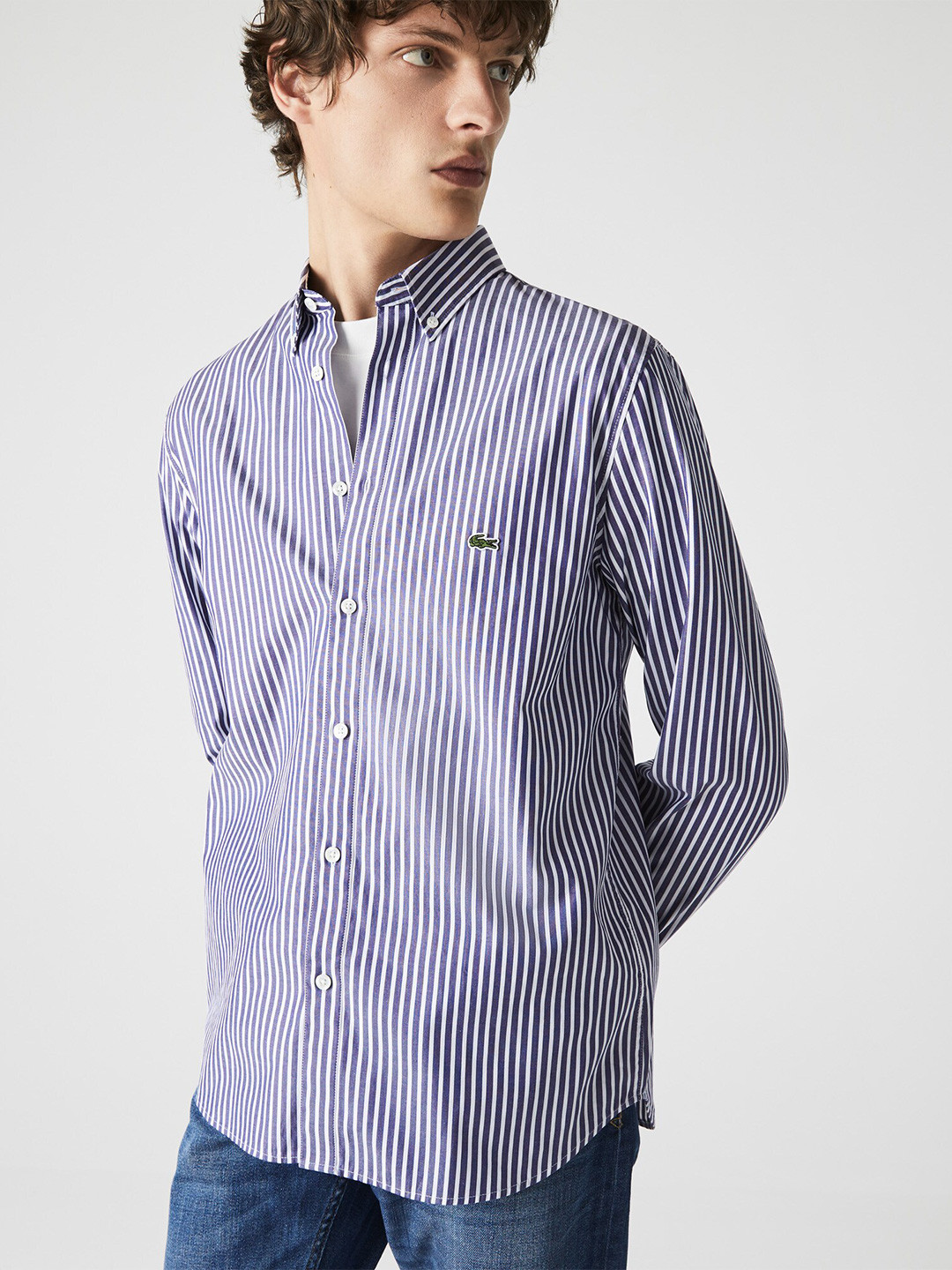 

Lacoste Men Modern Striped Pure Cotton Casual Shirt, Blue