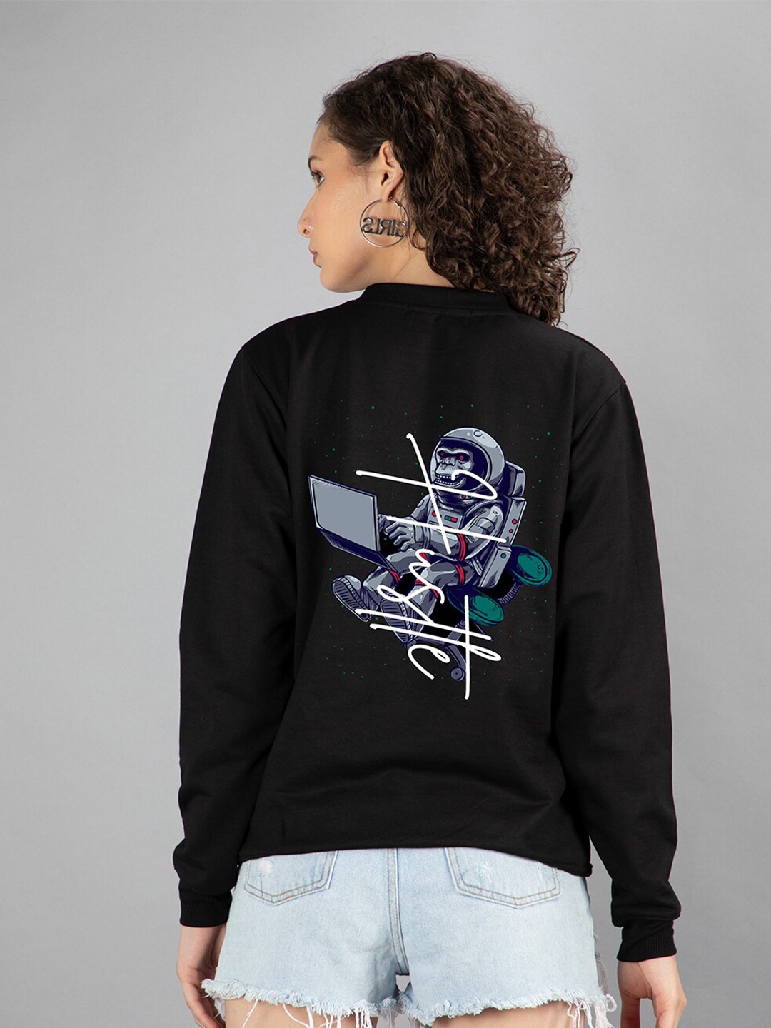 

Mad Over Print Women Printed Round Neck Sweatshirt, Black