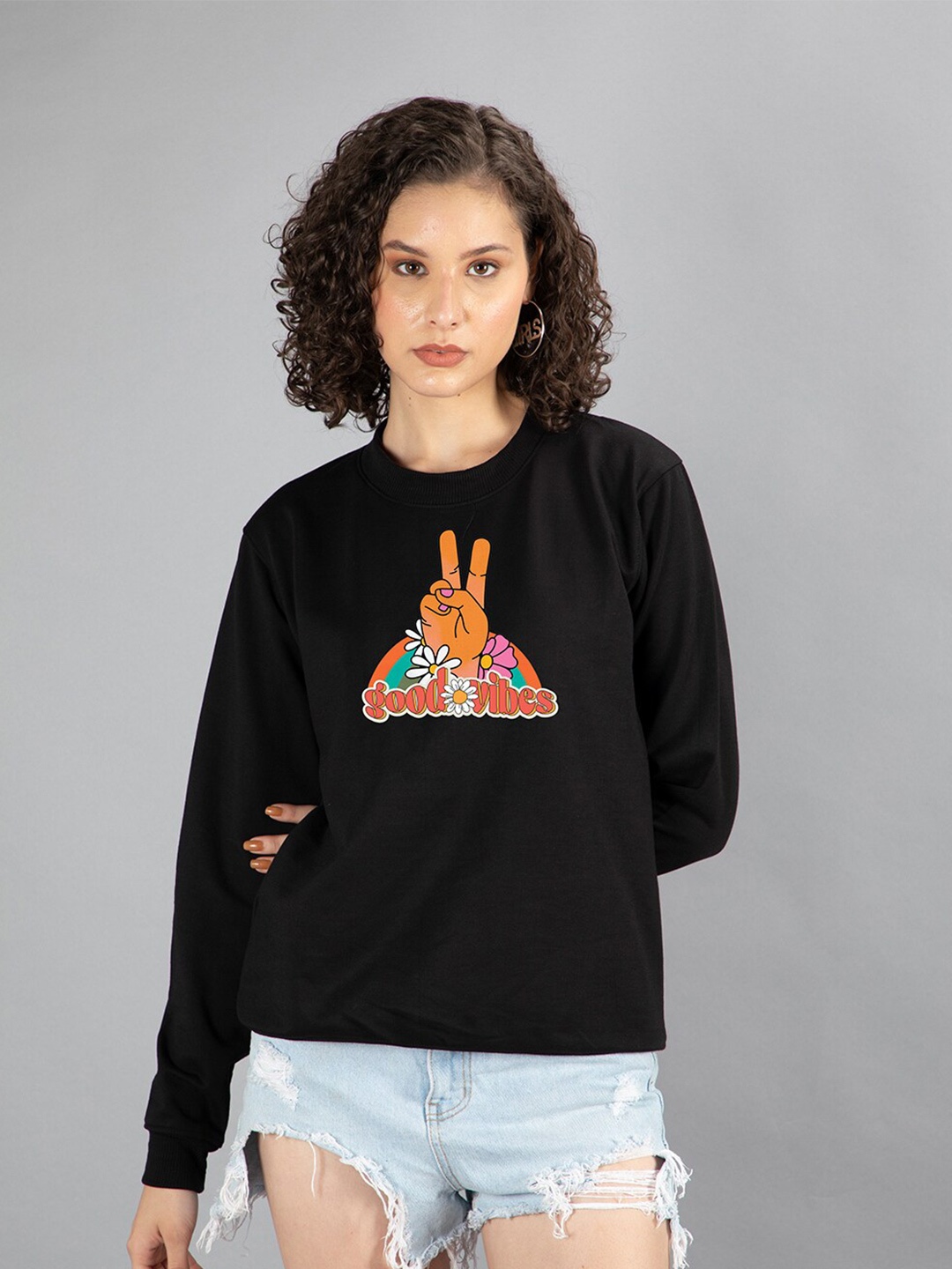 

Mad Over Print Women Black Printed Sweatshirt