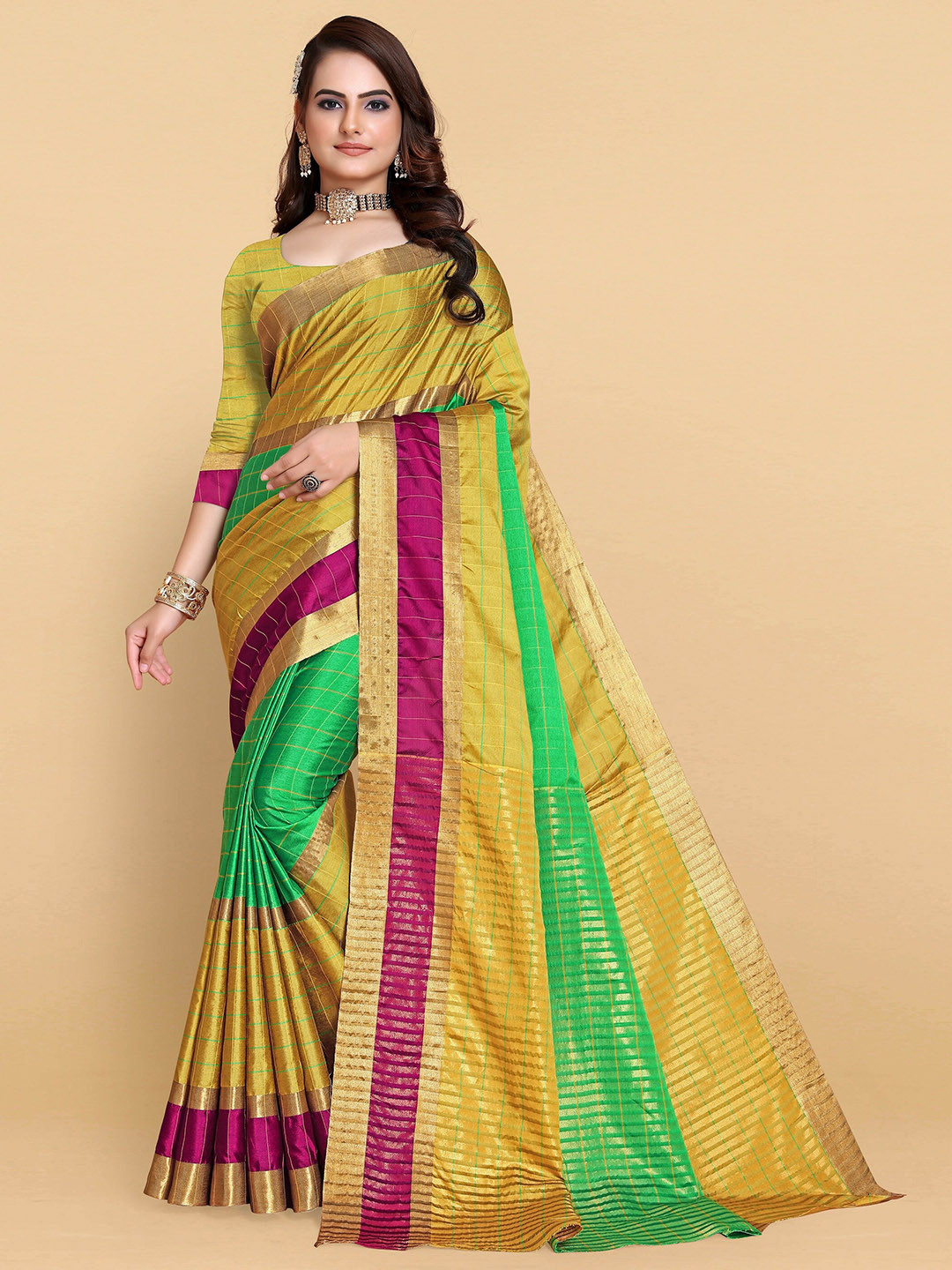 

SHAIBO SAREE Colourblocked Zari Chanderi Saree, Green
