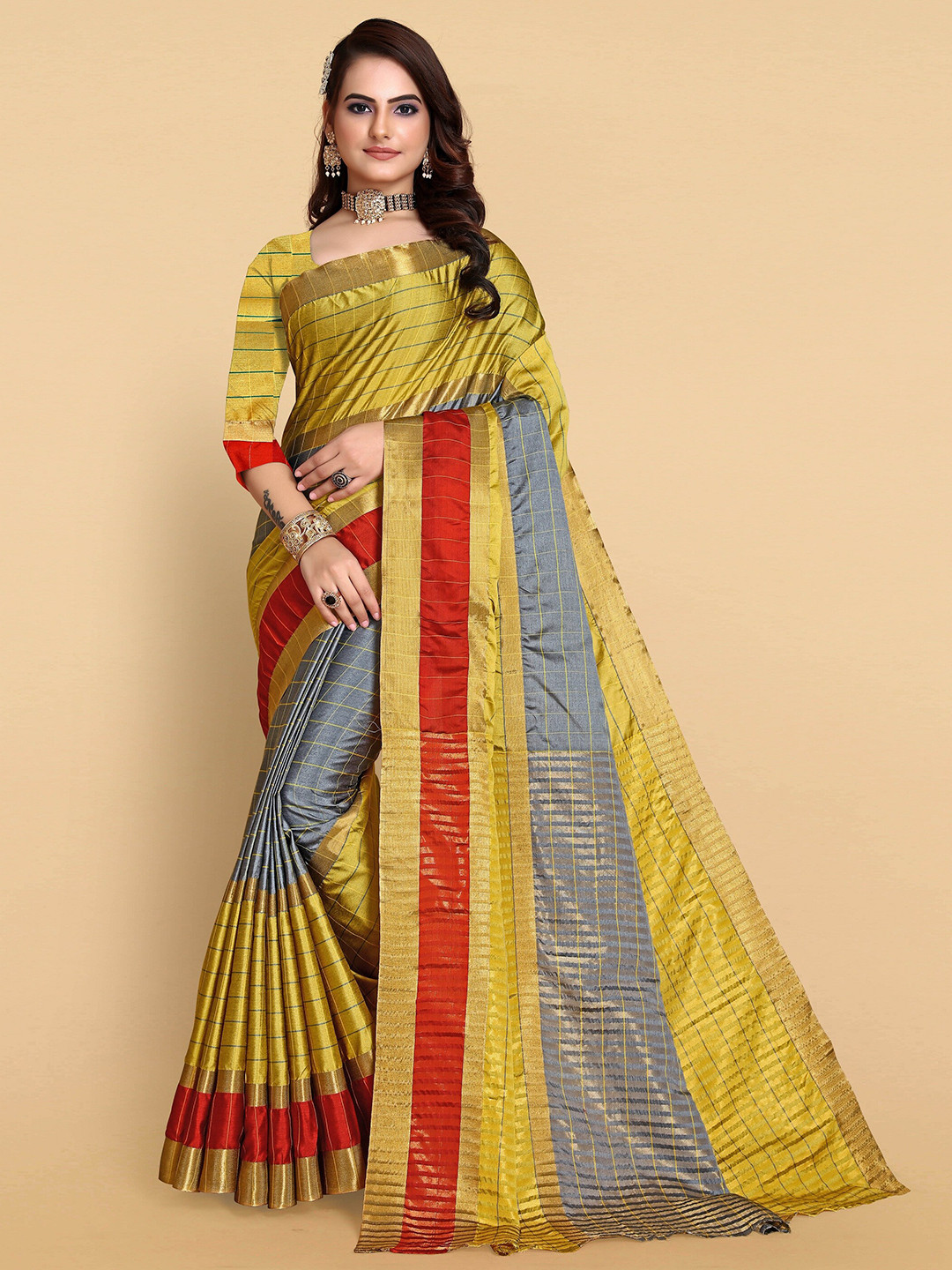 

SHAIBO SAREE Striped Zari Chanderi Saree, Grey