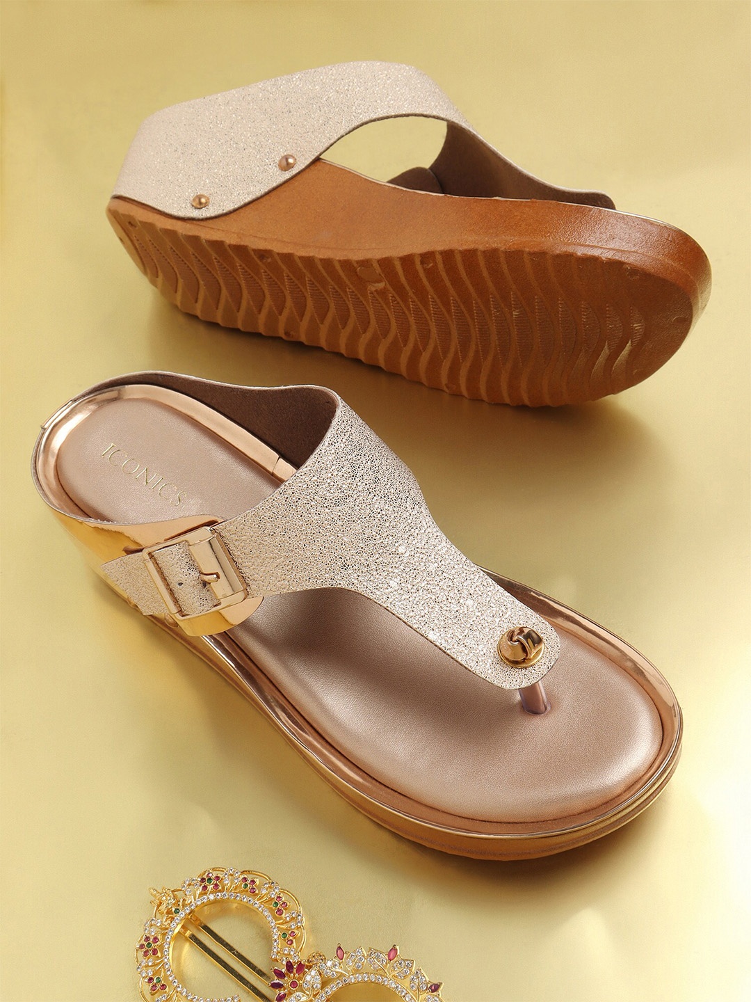 

ICONICS Women Embellished Comfort Heels With Buckles, Rose gold