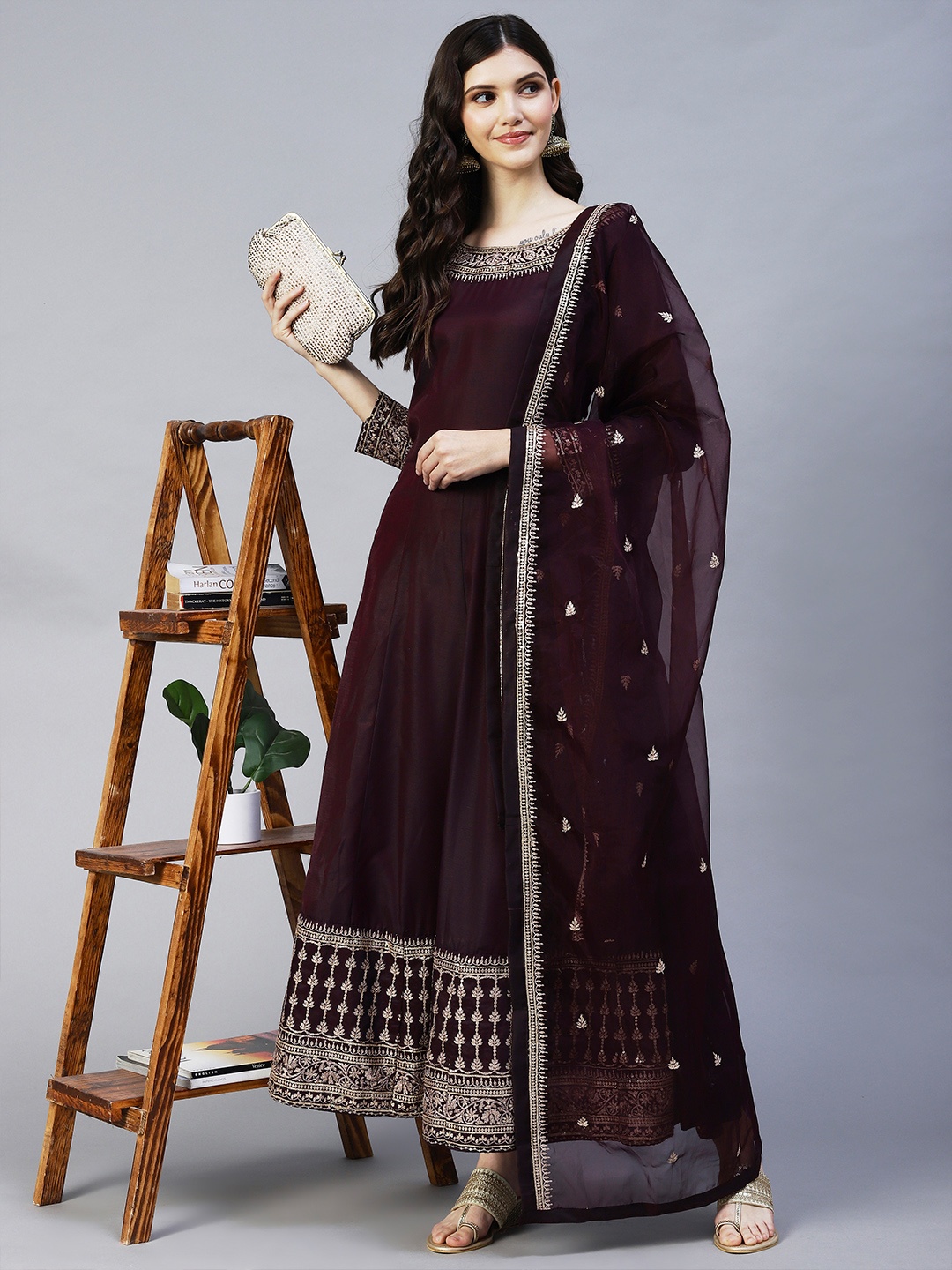 

INDYES Embroidered Chanderi Silk Anarkali Kurta with Dupatta, Purple