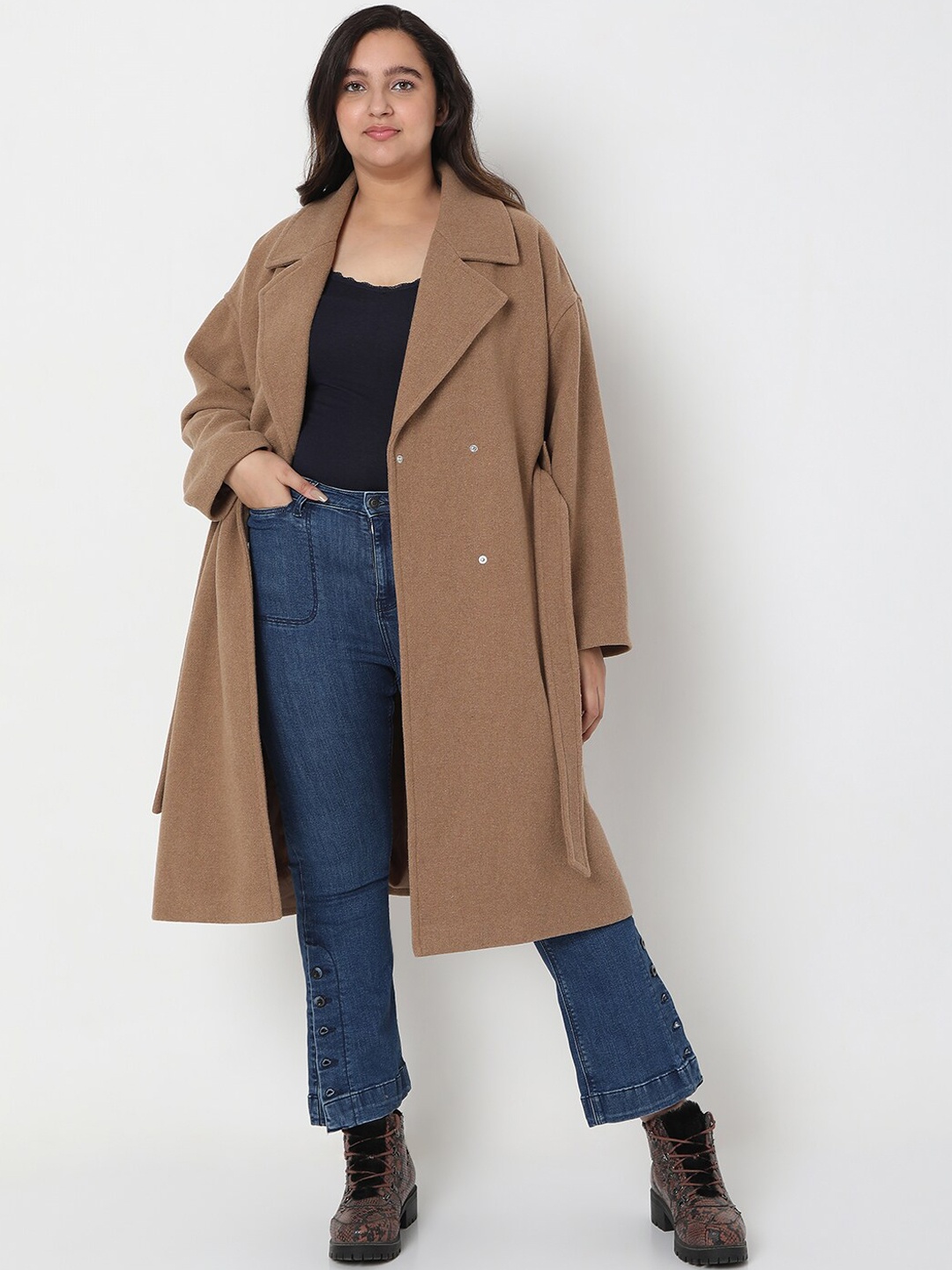 

VERO MODA CURVE Women Longline Double Breasted Overcoat, Brown