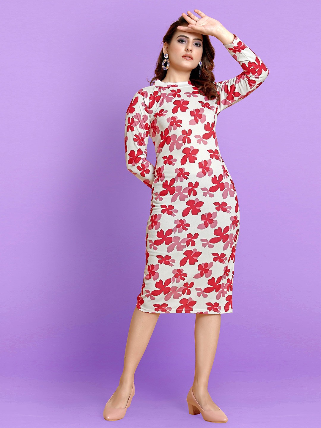 

AUCREATIONS Floral Organic Mock Neck Cotton Sheath Midi Dress, Off white