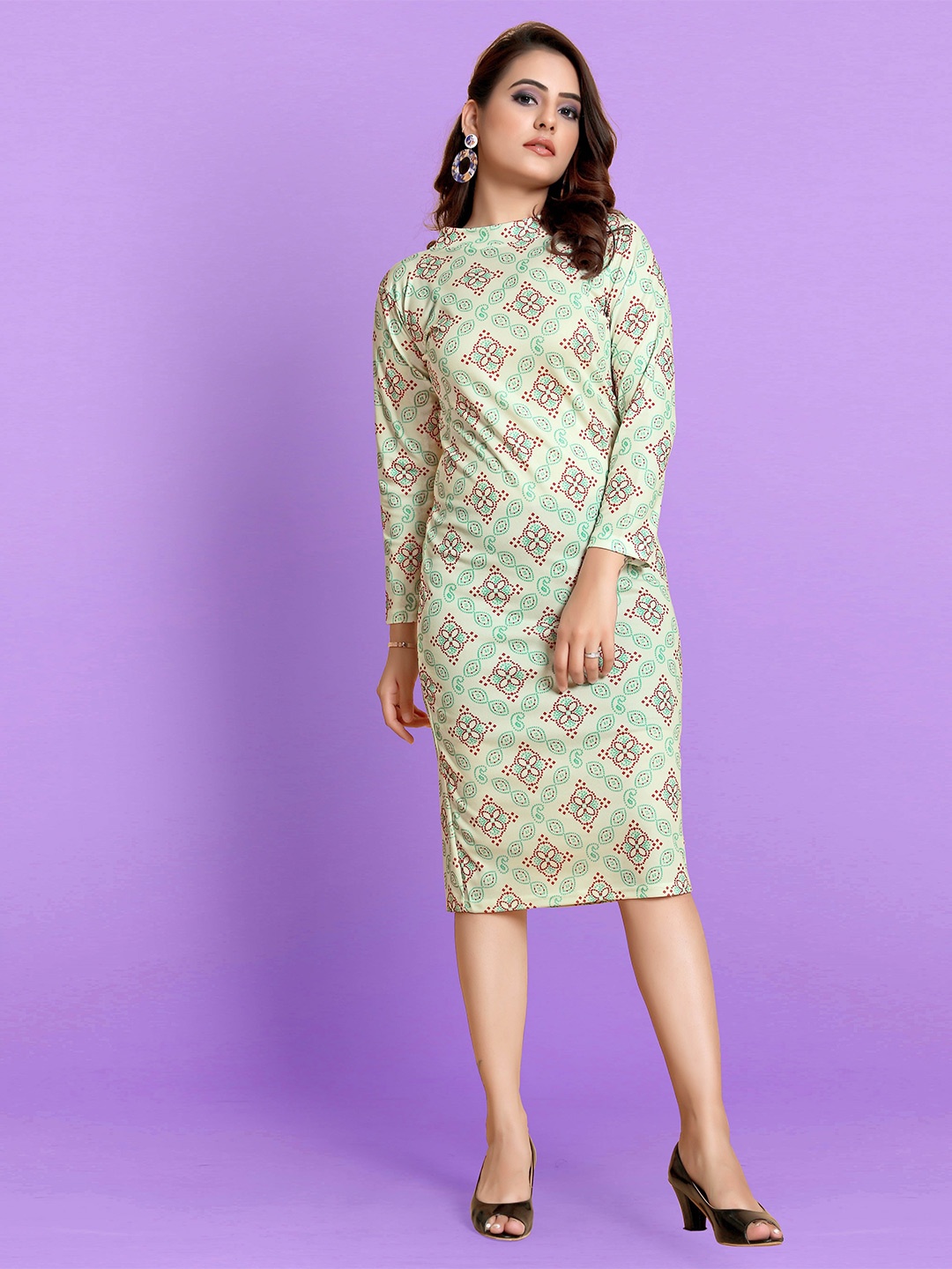 

AUCREATIONS Geometric Printed Organic Cotton Sheath Midi Dress, Green