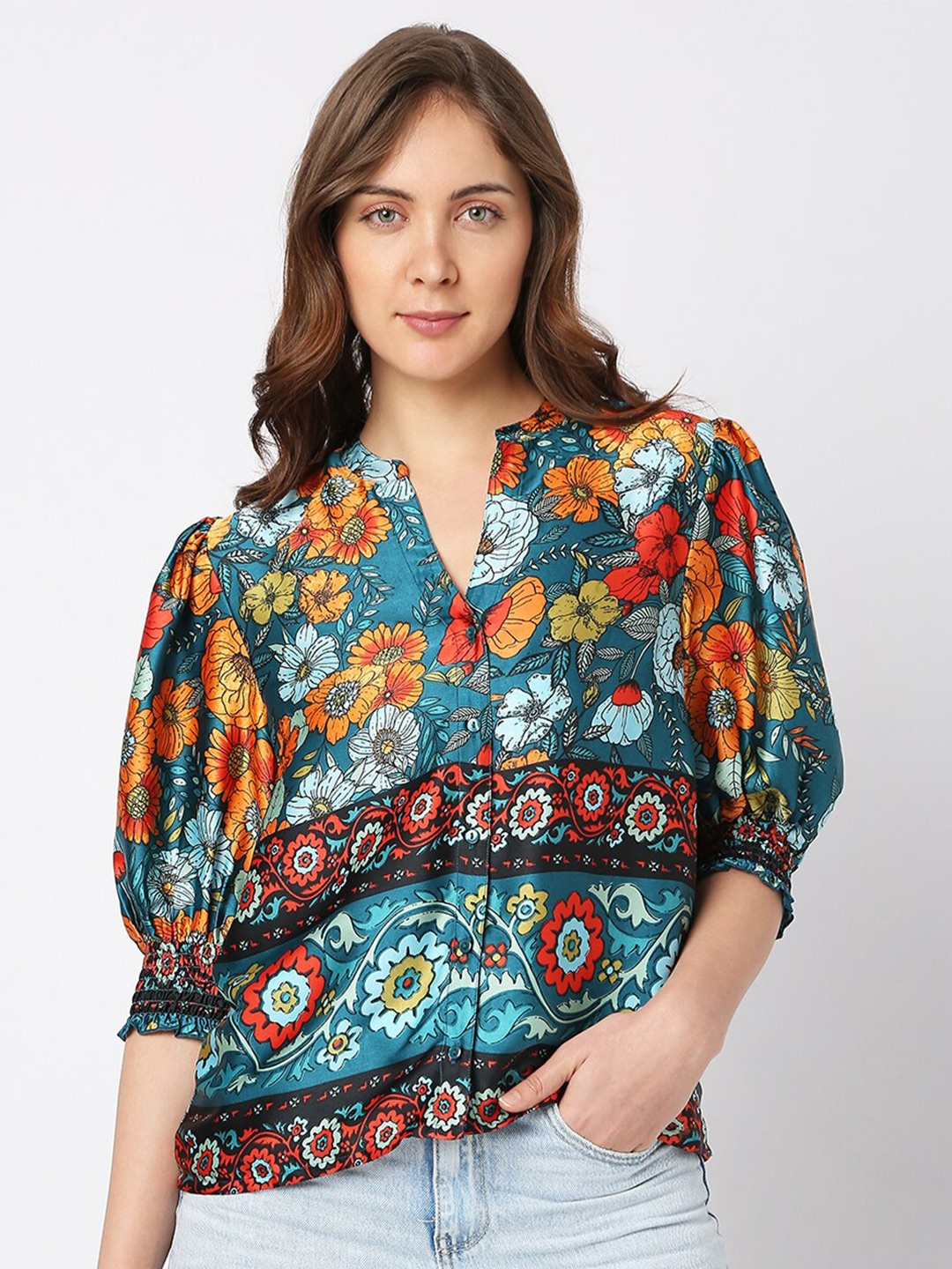 

Vero Moda Floral Print Puff Sleeves Top, Blue