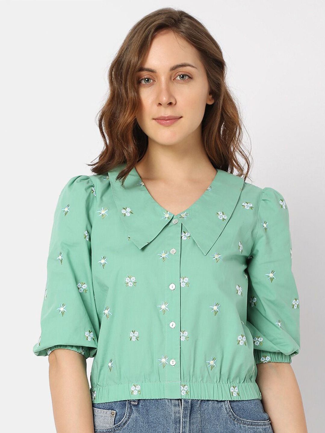 

Vero Moda Green Geometric Print Peter Pan Collar Blouson Crop Top