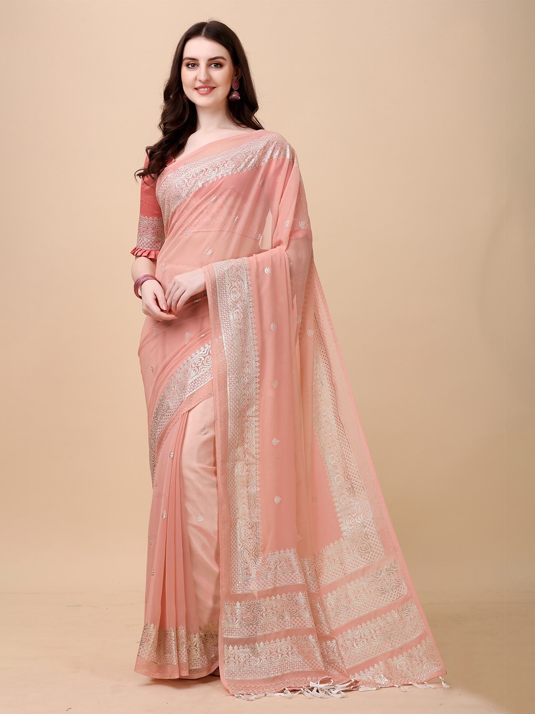

KALINI Ethnic Motifs Embroidered Jute Silk Saree, Peach