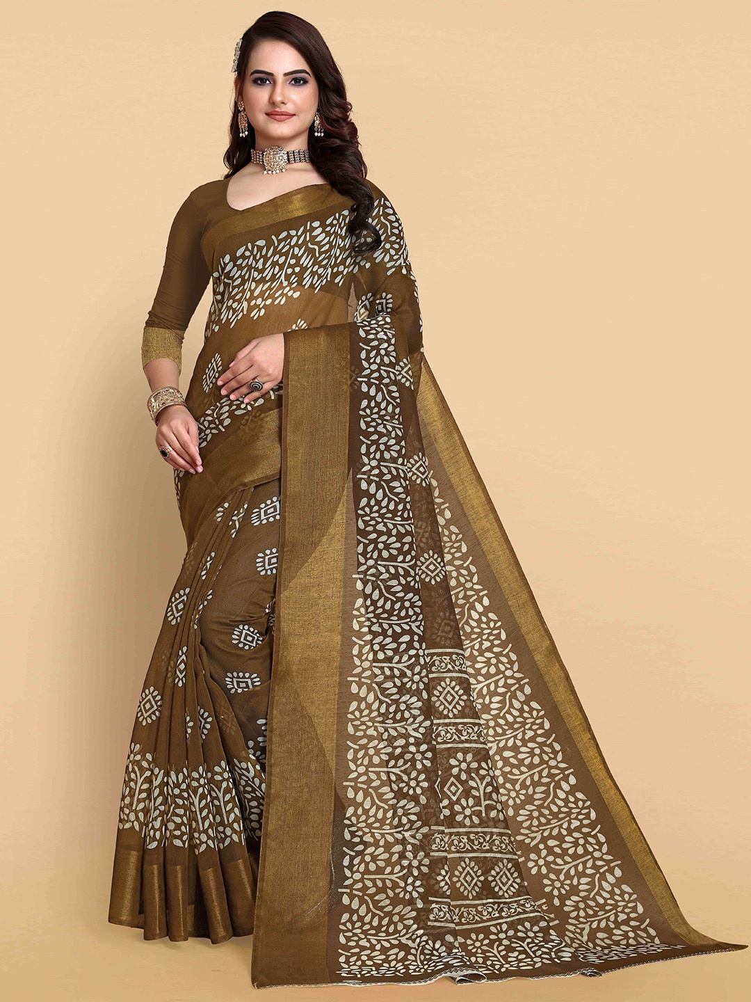 

SHAIBO SAREE Brown & White Batik Zari Bhagalpuri Saree