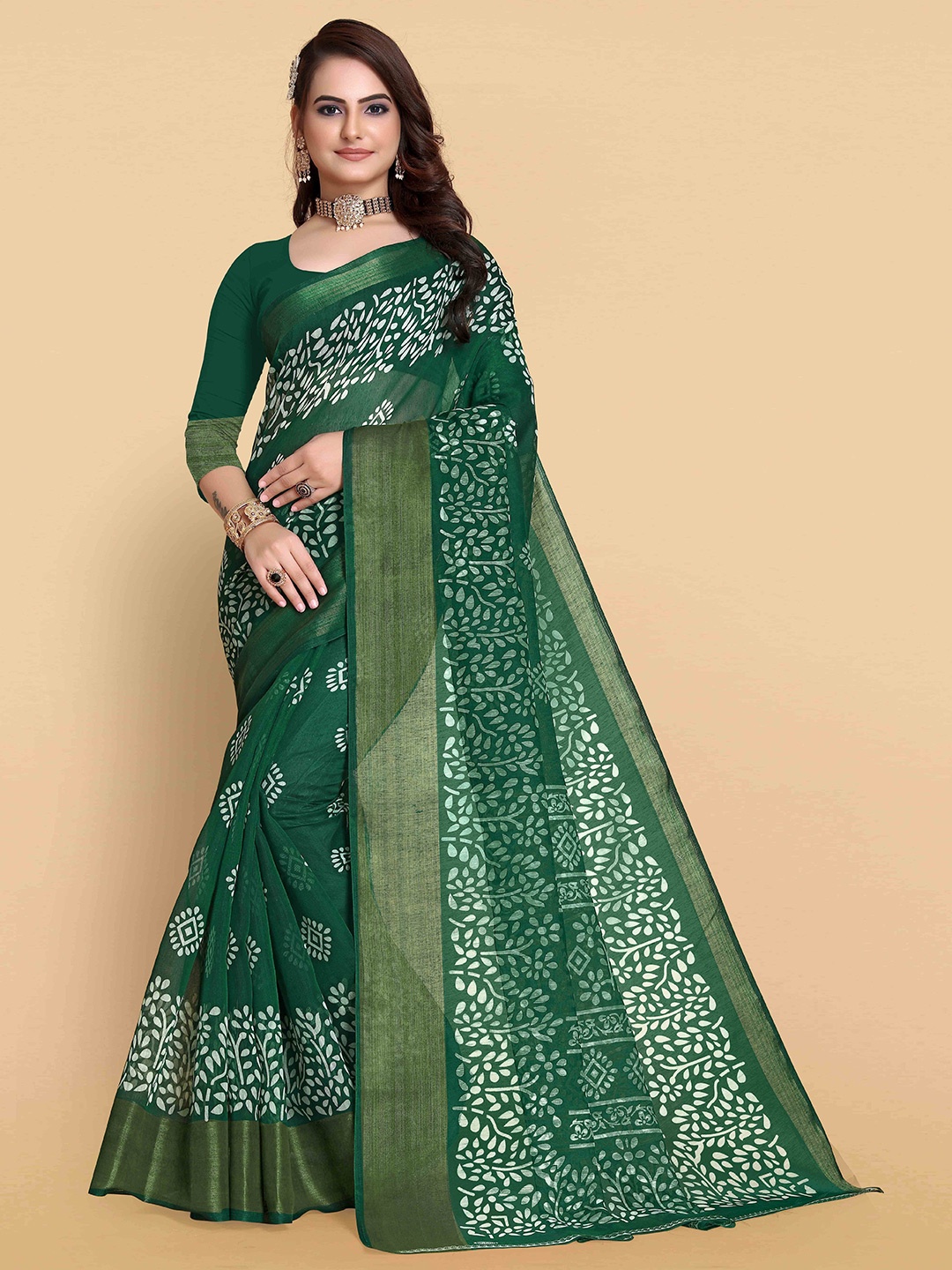

SHAIBO SAREE Batik Zari Bhagalpuri Saree, Green