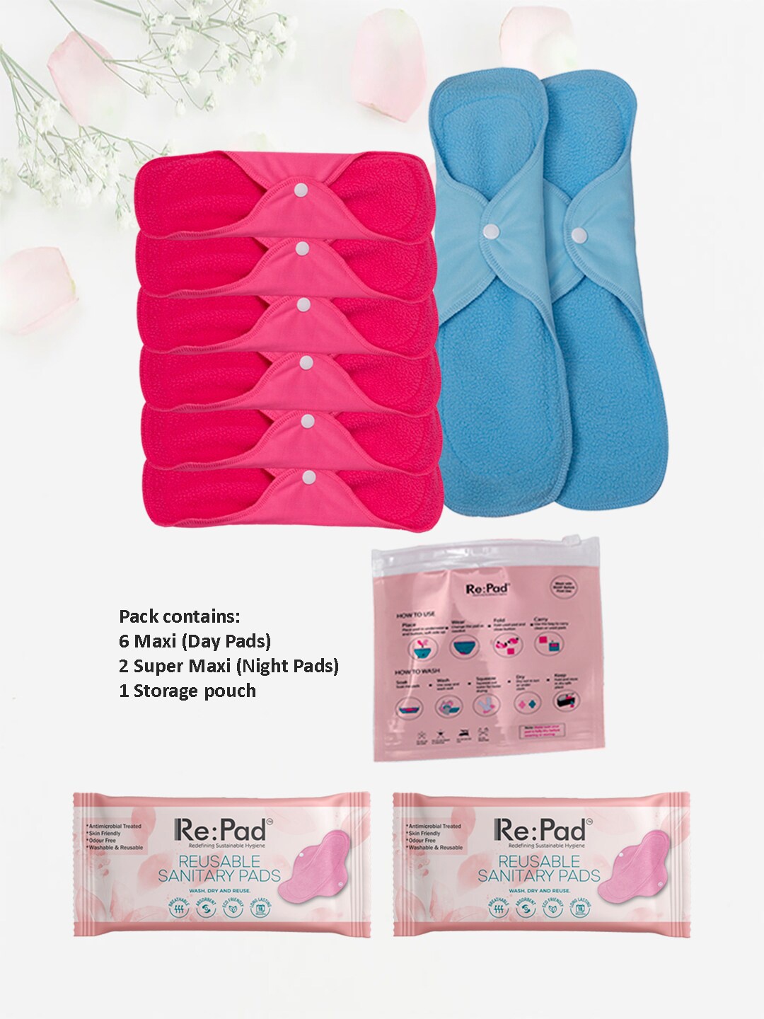

RePad Women Set Of 8 Reusable Sanitary Pads, Blue
