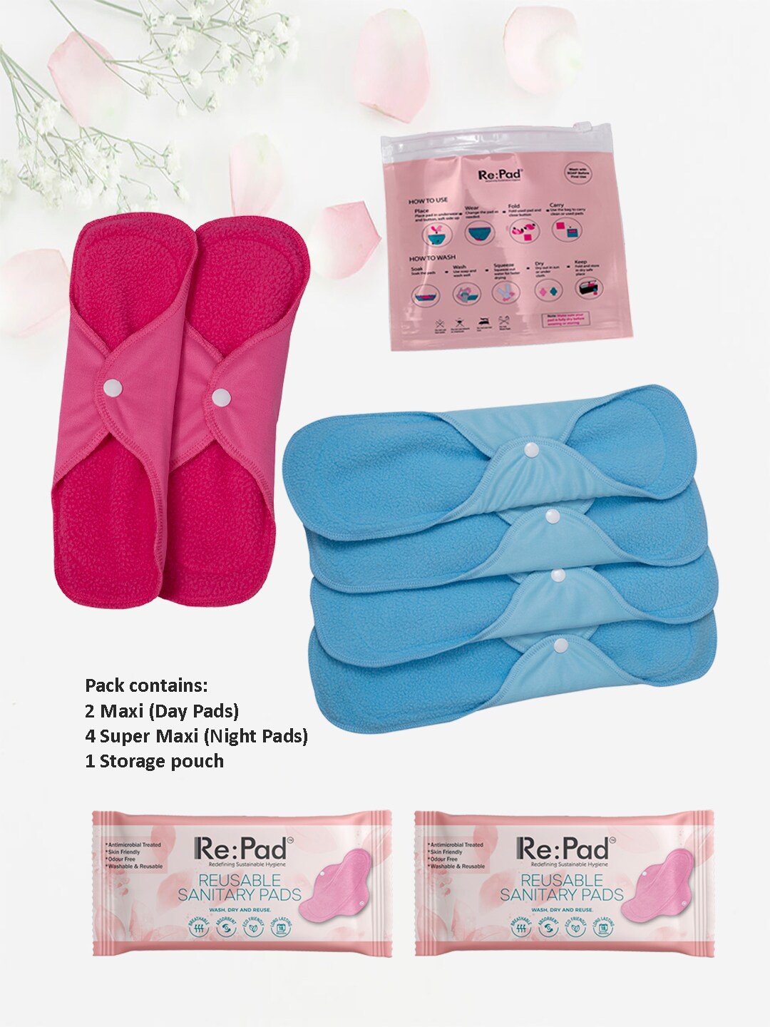 

RePad Women Reusable Sanitary Pads- 2 Maxi & 4 Super Maxi Pads, Blue