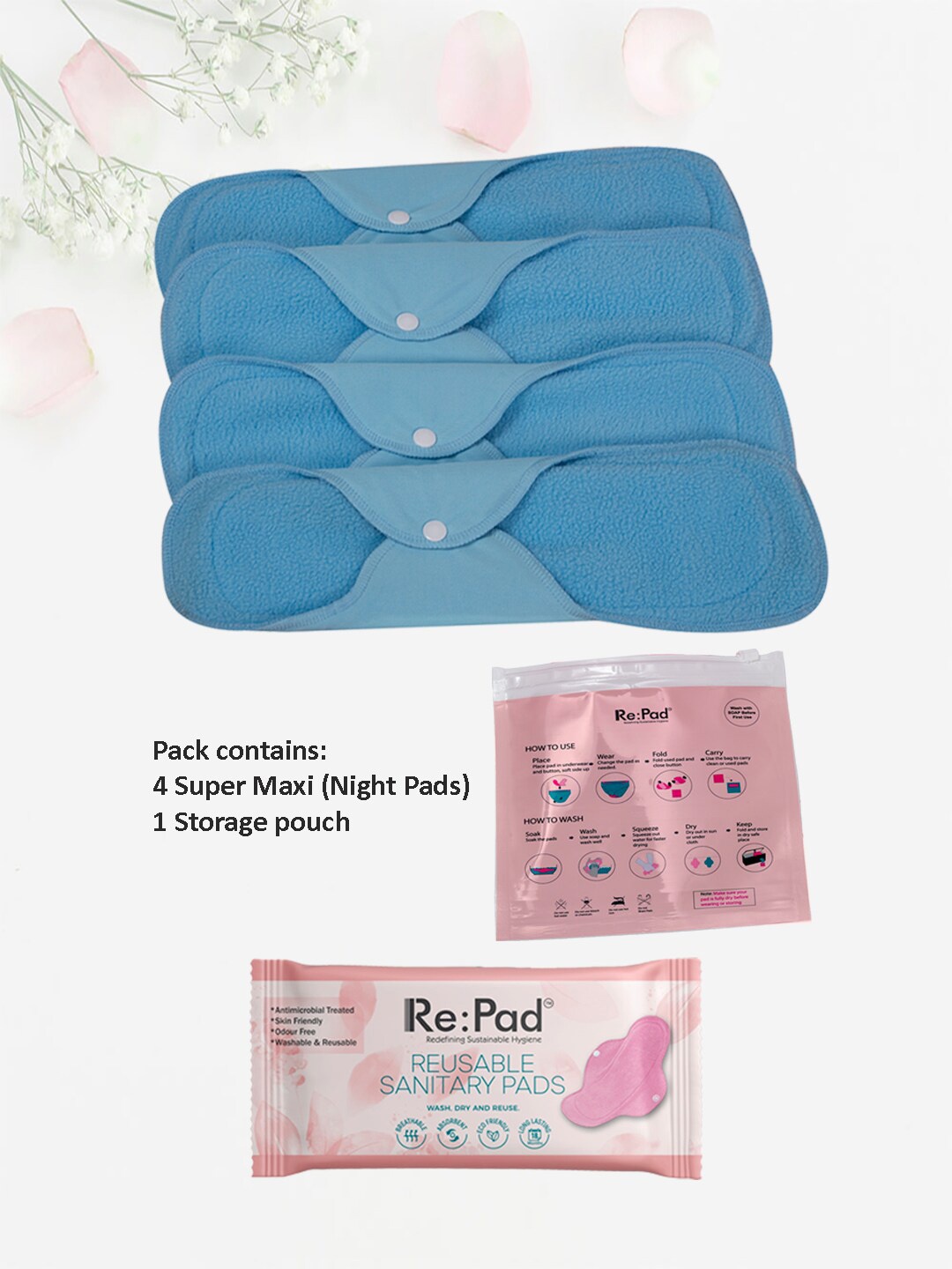 

RePad Women Super Maxi Long Period Pads Biodegradable - 4 Pads, Blue
