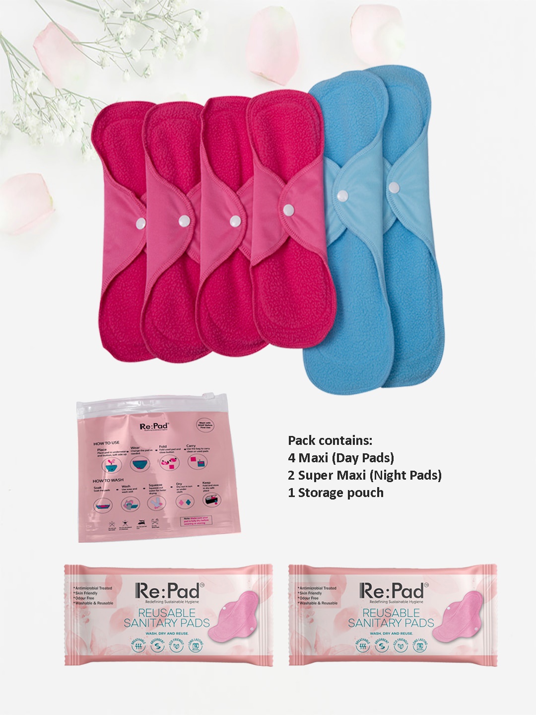 

RePad Reusable Sanitary Pads 4 Maxi & 2 Super Maxi Pads, Blue