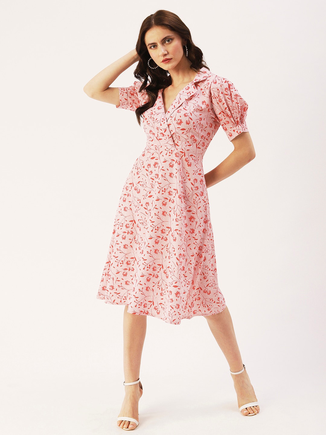 

DressBerry Floral Printed Shirt Collar Midi Wrap Dress, Rose