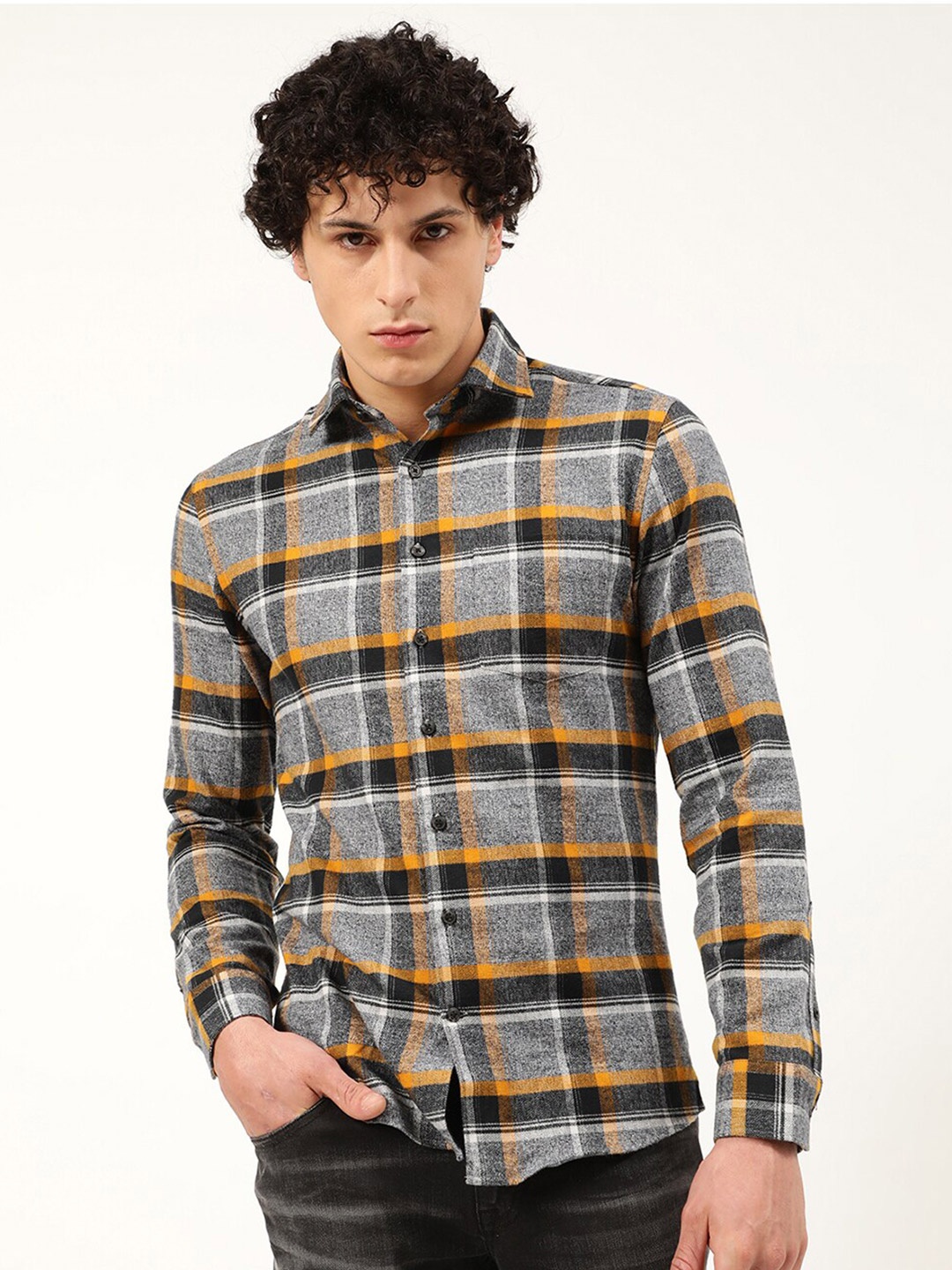 

LINDBERGH Men Slim Fit Checked Pure Cotton Casual Shirt, Grey