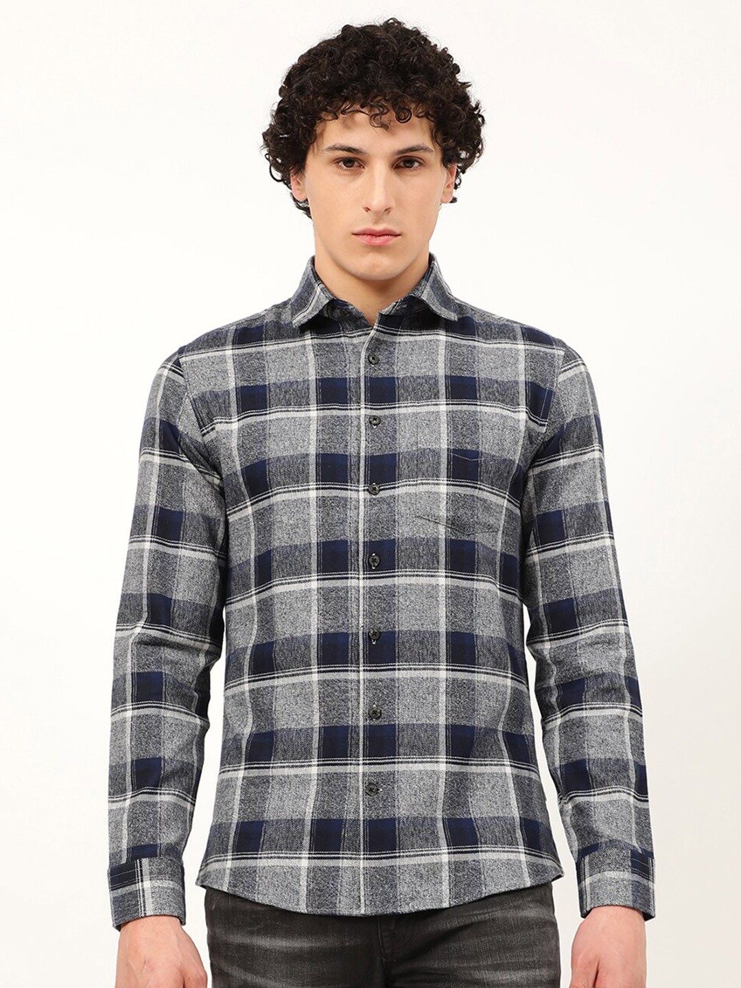 

LINDBERGH Men Slim Fit Checked Pure Cotton Casual Shirt, Grey