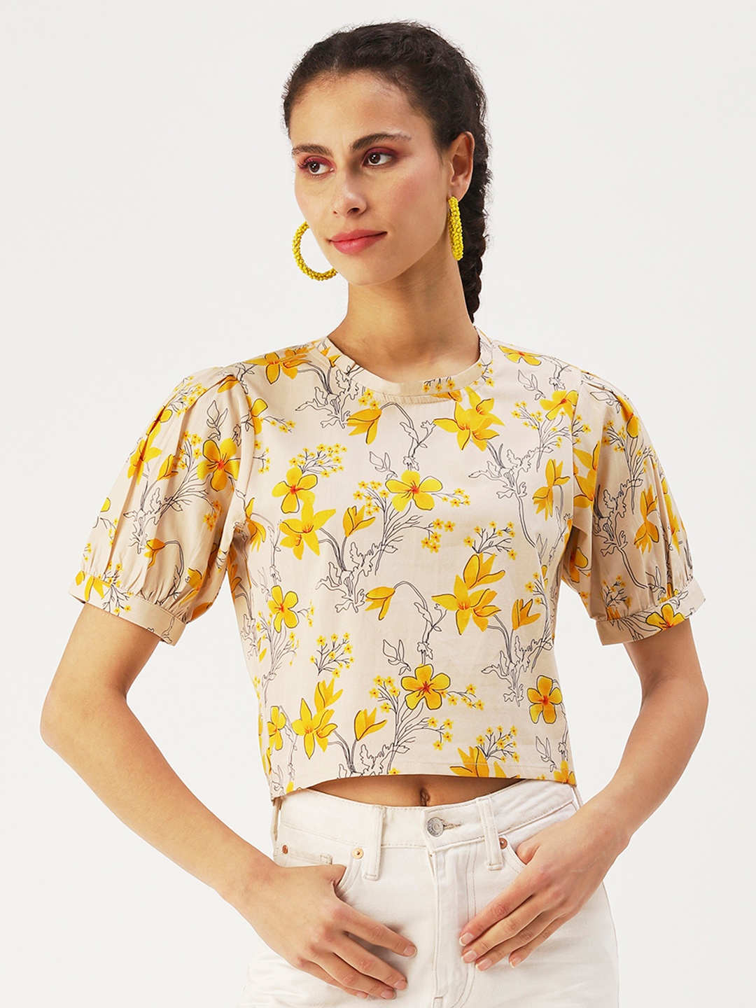 

Dressberry Basics Floral Print Crop Top, Beige