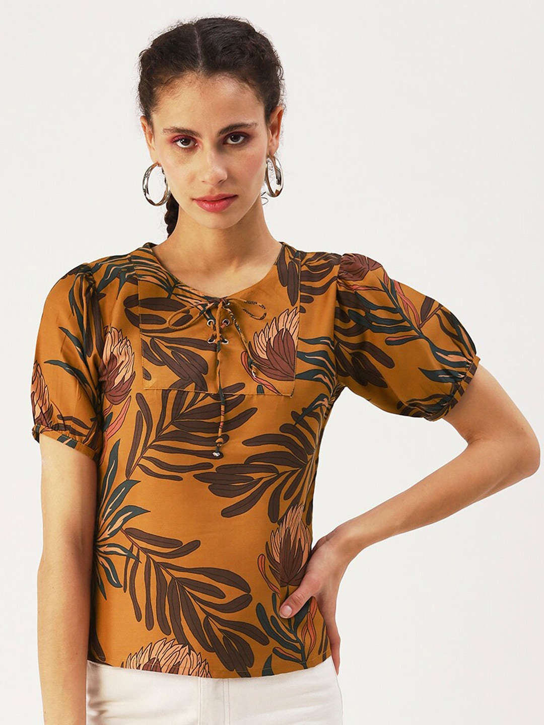

DressBerry Brown Floral Print Tie-Up Neck Top
