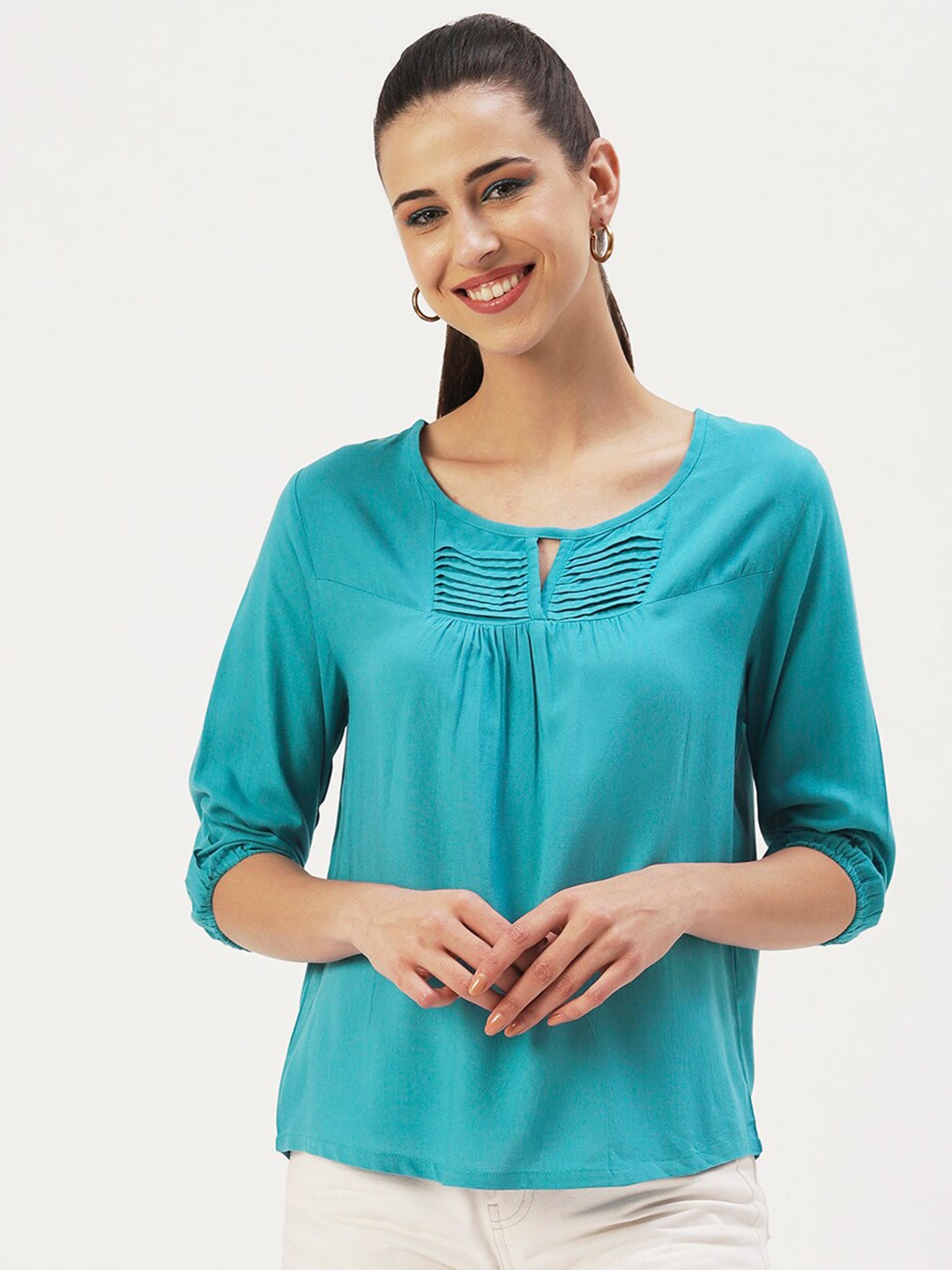

DressBerry Woman Solid Keyhole Neck Top, Turquoise blue