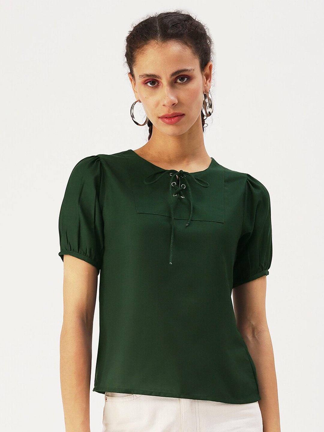 

DressBerry Green Tie-Up Neck Regular Top