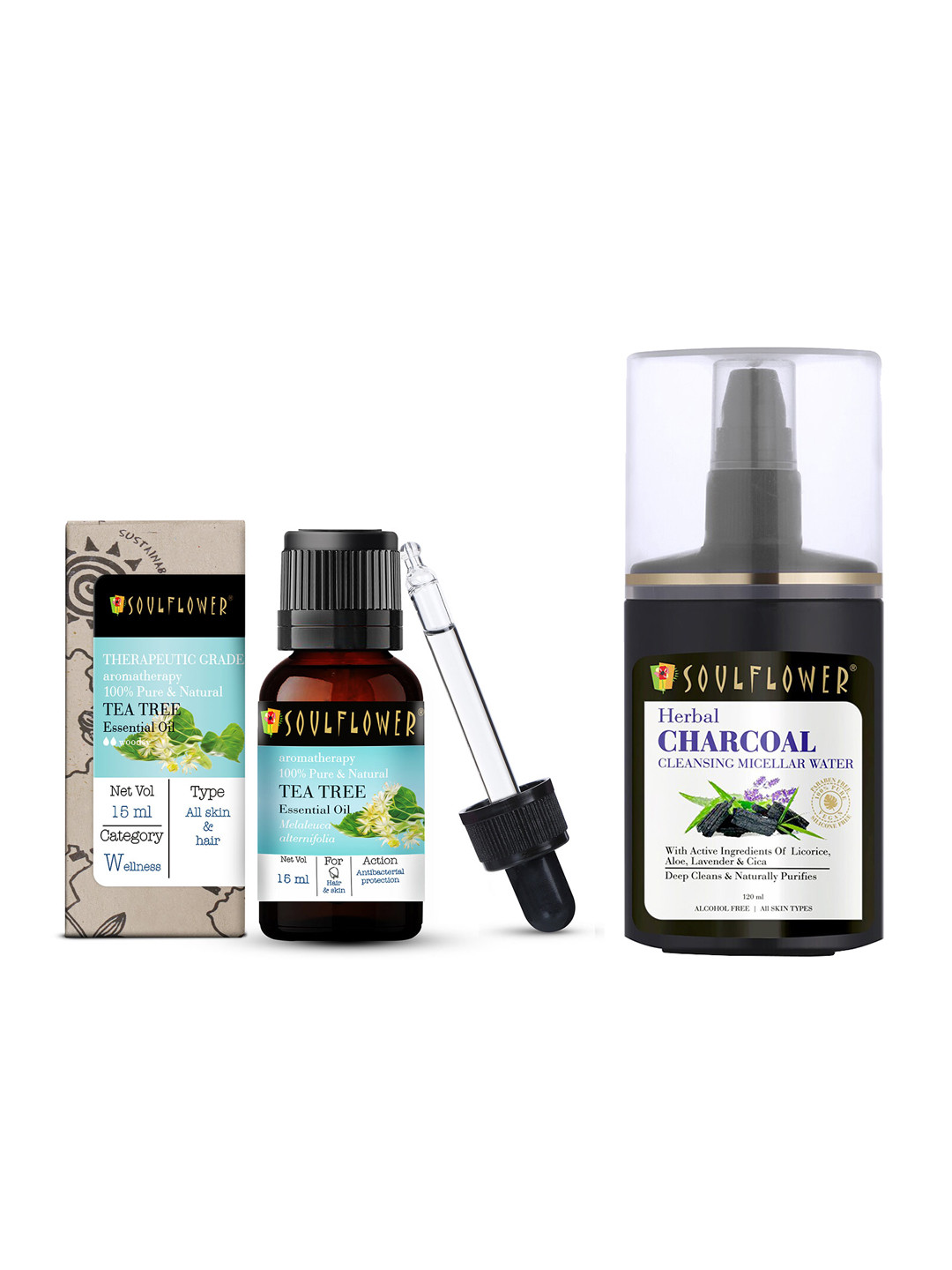 

Soulflower Set of Extra Virgin Coconut Hair Oil 225 ml & Pure Tea Tree Essential Oil 15 ml, Blue