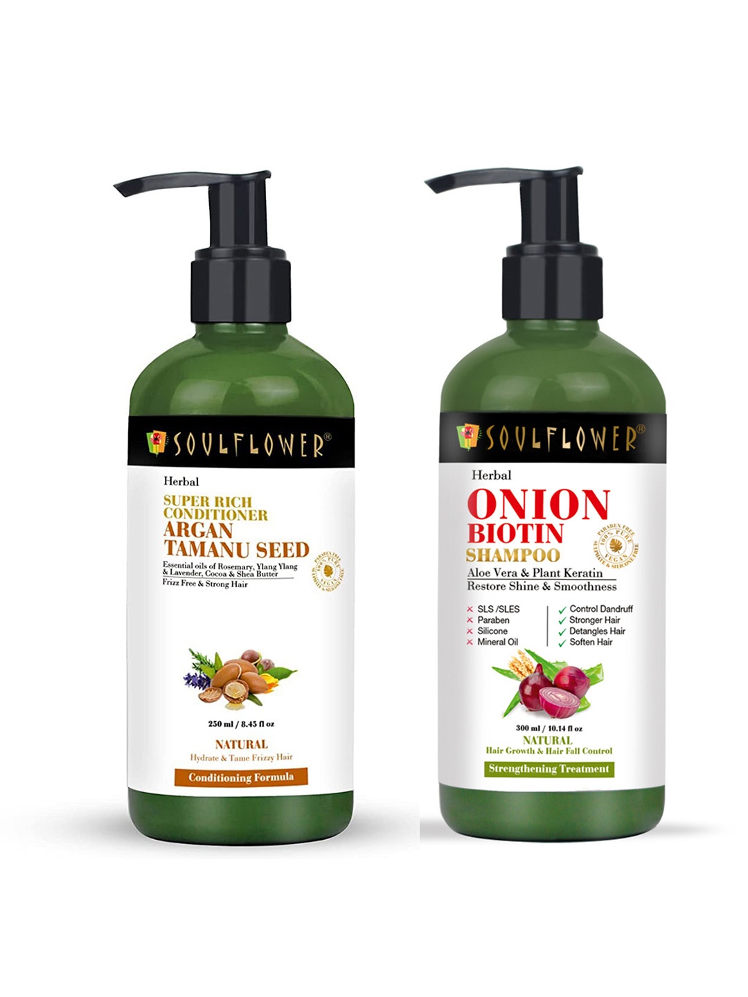 

Soulflower Set of Argan & Tamanu Rich Conditioner 250 ml & Onion Biotin Shampoo 300 ml, Cream