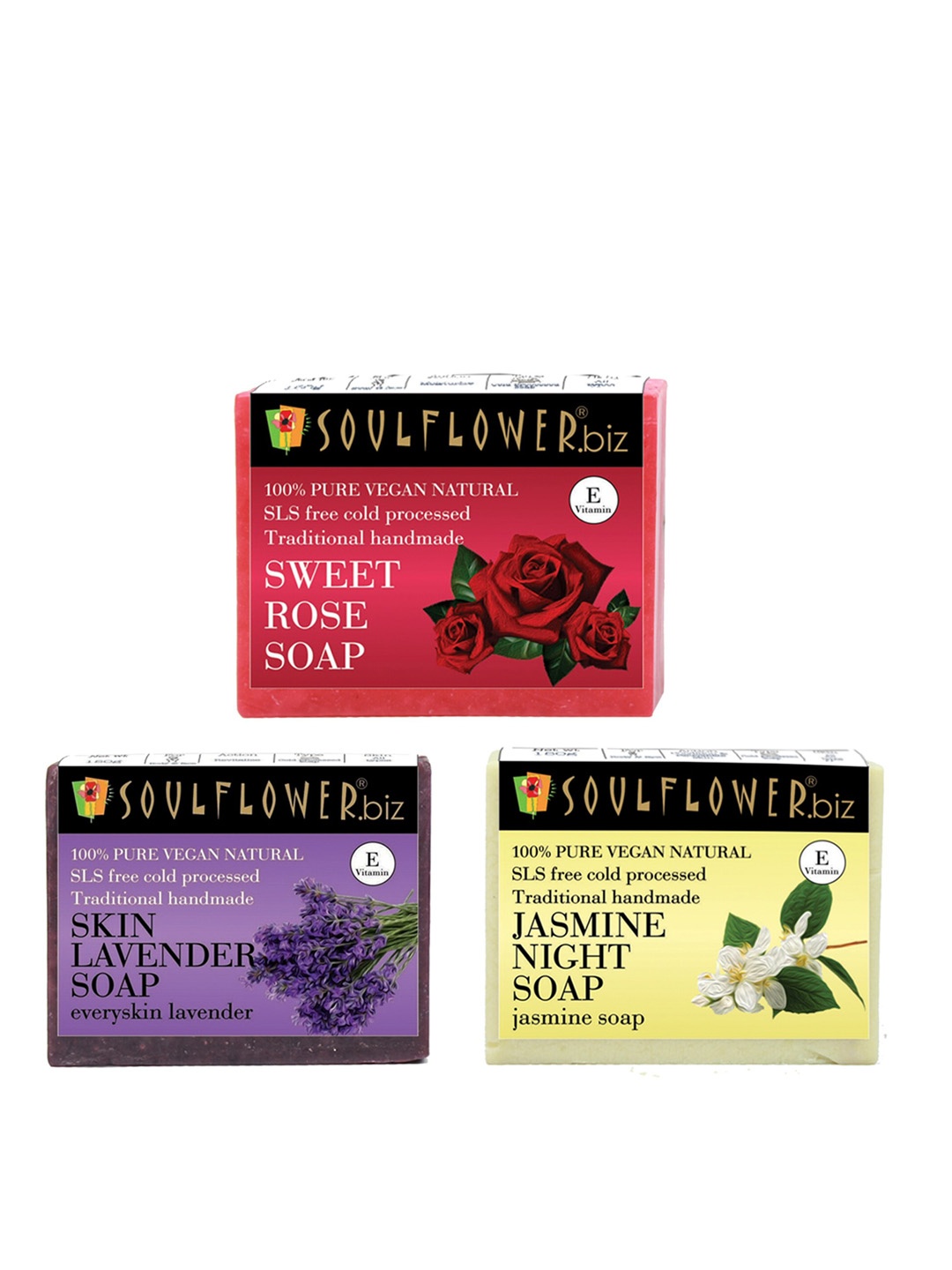 

Soulflower Set of Organic Handmade Jasmine + Sweet Rose + Lavender Bathing Bar - 150g Each, Red