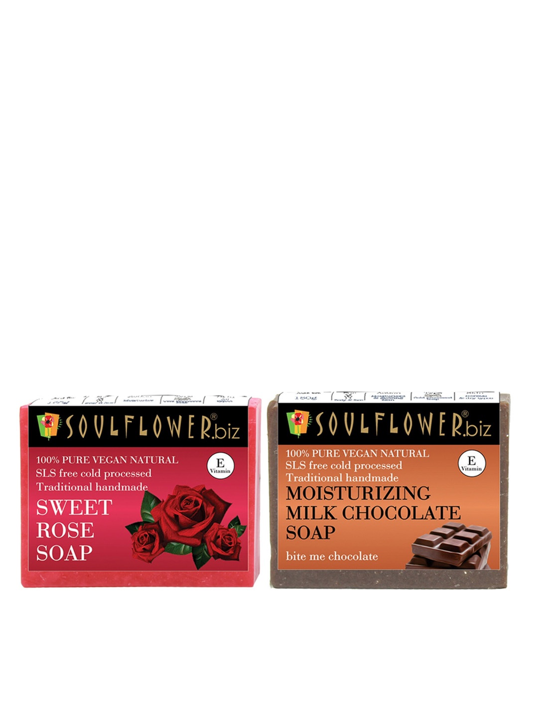 

Soulflower Set of Moisturizing Milk Chocolate + Sweet Rose Bathing Bar - 150 g Each, Brown