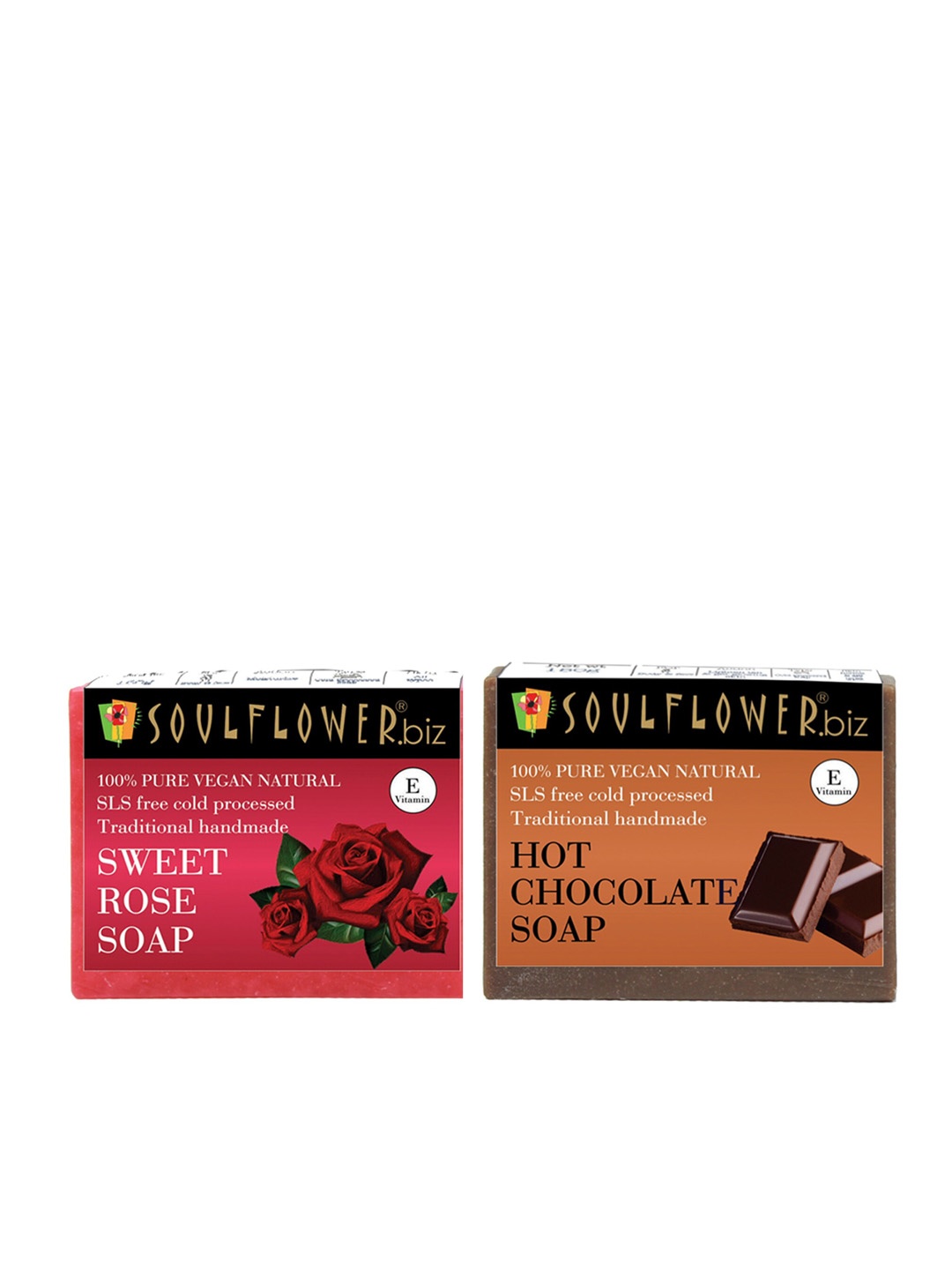 

Soulflower Set of 100% Pure Vegan Sweet Rose + Hot Chocolate Soaps - 150 g Each, Red