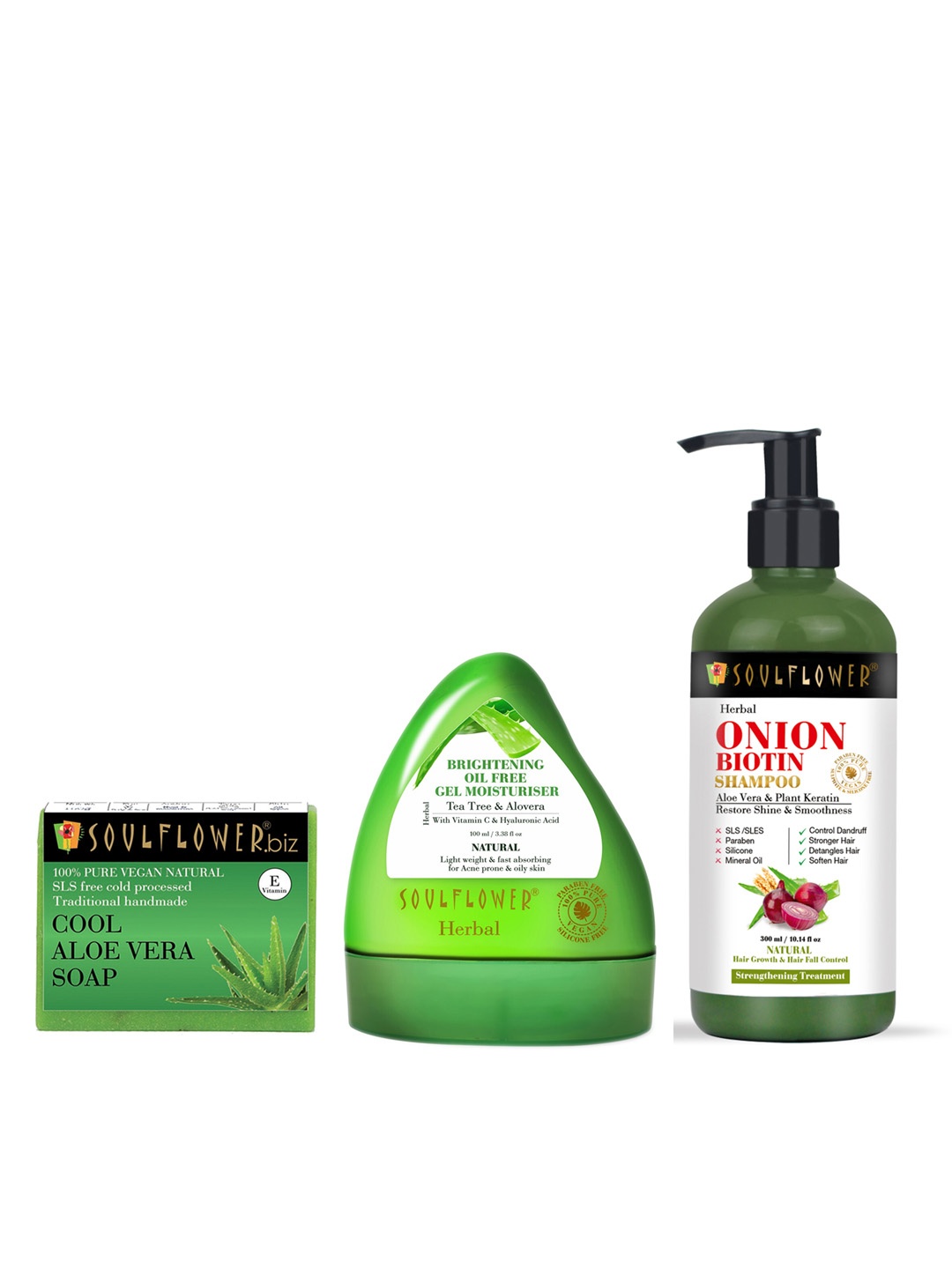 

Soulflower Cool Aloe Vera Soap 150g+Brightening Gel 100ml+Onion Biotin Shampoo 300ml, Green