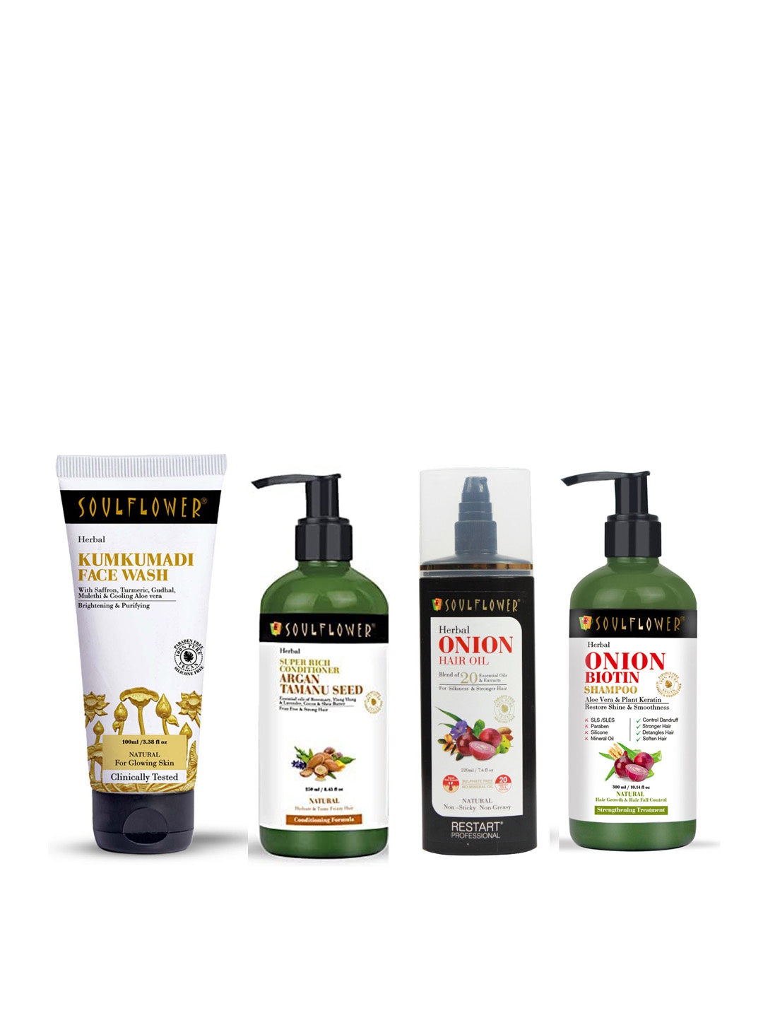 

Soulflower Argan Tamanu Conditioner+Onion Hair Oil+Biotin Shampoo+Kumkumadi Face Wash, Green