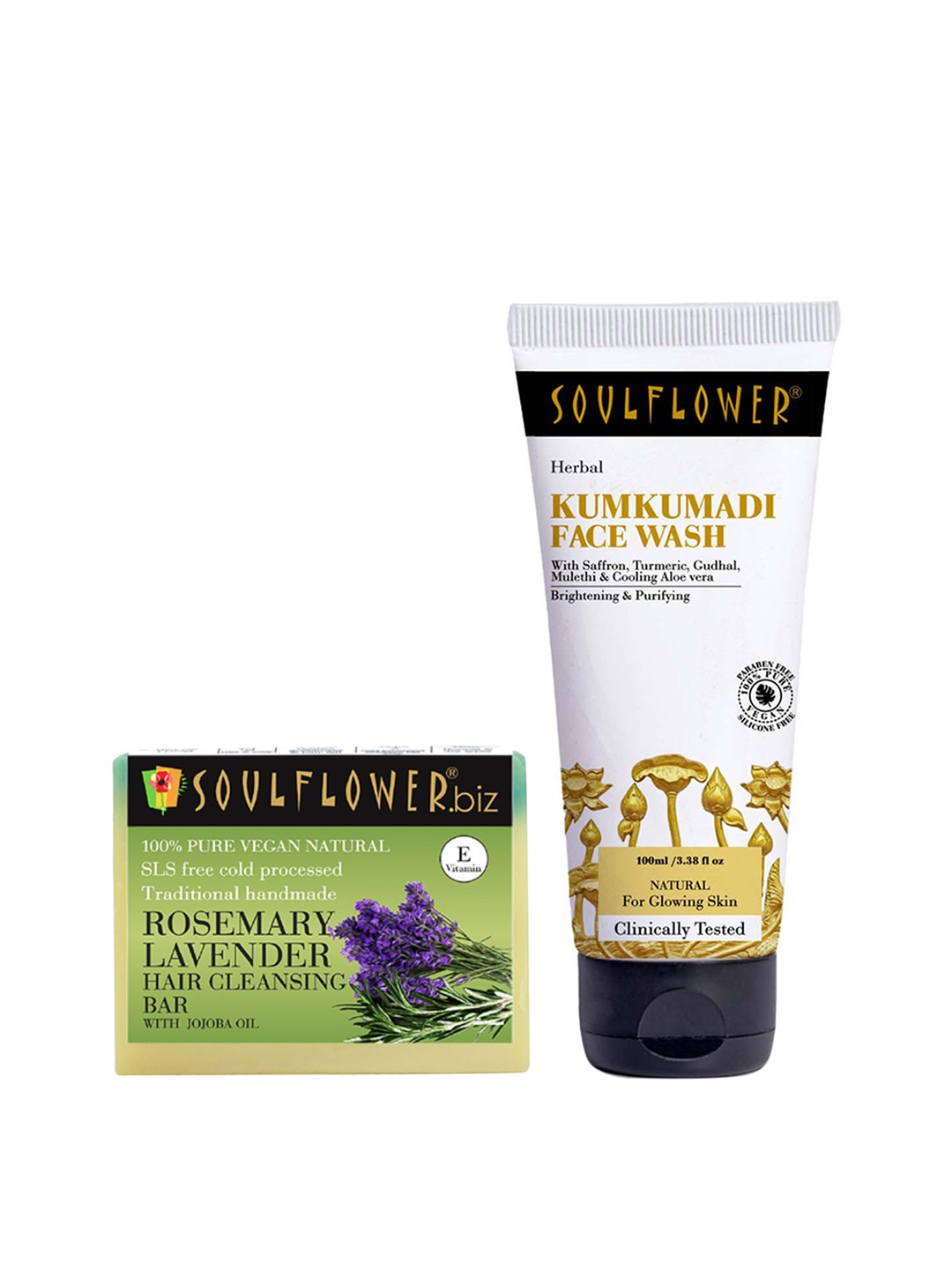 

Soulflower Set of Rosemary Lavender Hair Cleansing Bar 150 g + Kumkumadi Face Wash 100 ml, White