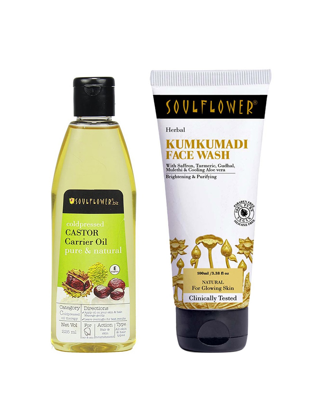 

Soulflower Set of Castor Carrier Oil 225 ml + Kumkumadi Face Wash 100 ml, White