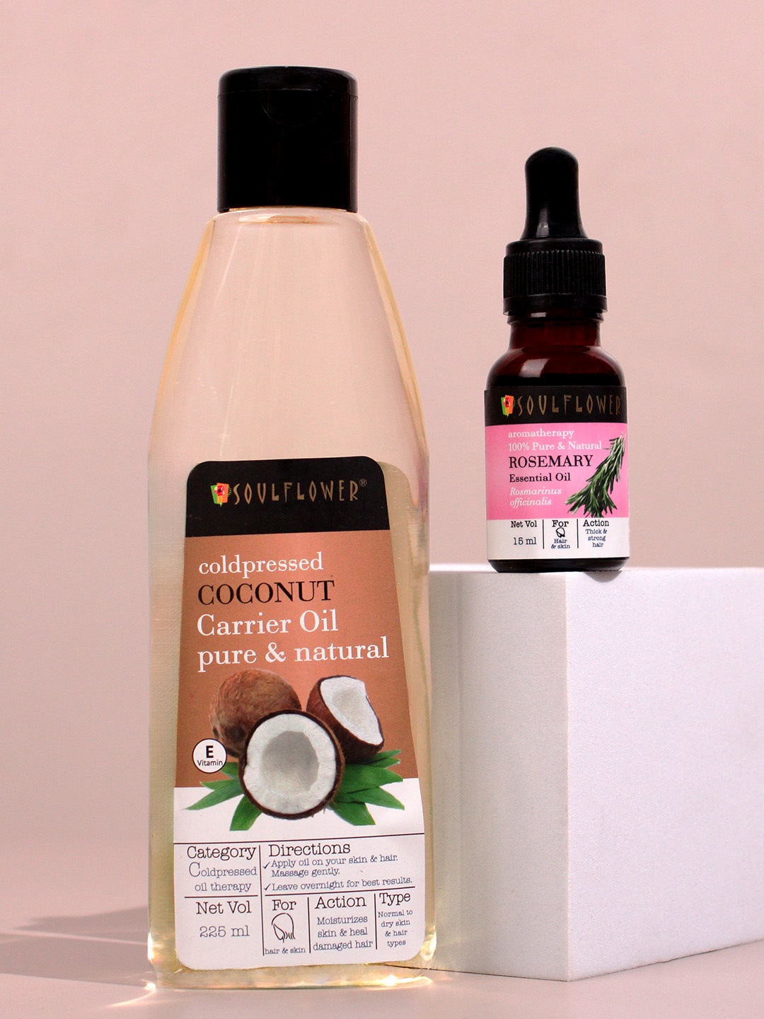 

Soulflower Set of Rosemary Essential Oil 15ml & Coldpressed Coconut Carrier Oil 225ml, Cream