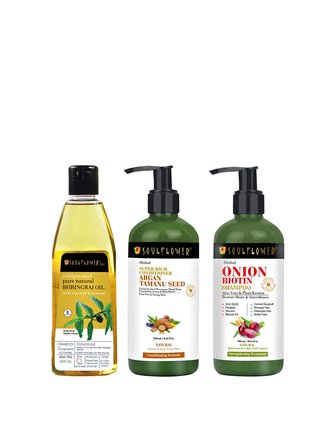 

Soulflower Set of Bhringraj Oil 225ml + Argan Hair Conditioner 250ml + Onion Shampoo 300ml, Green