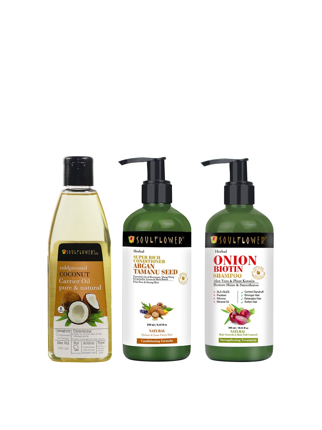 

Soulflower Set of Coconut Oil 225ml + Argan Hair Conditioner 250ml + Onion Shampoo 300ml, Green