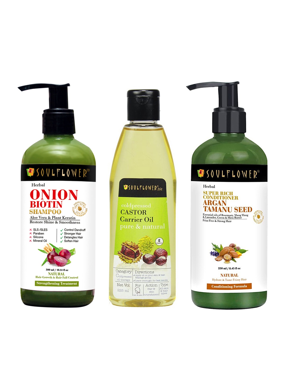 

Soulflower Set of Castor Oil 225ml + Argan Hair Conditioner 250ml + Onion Shampoo 300ml, Green