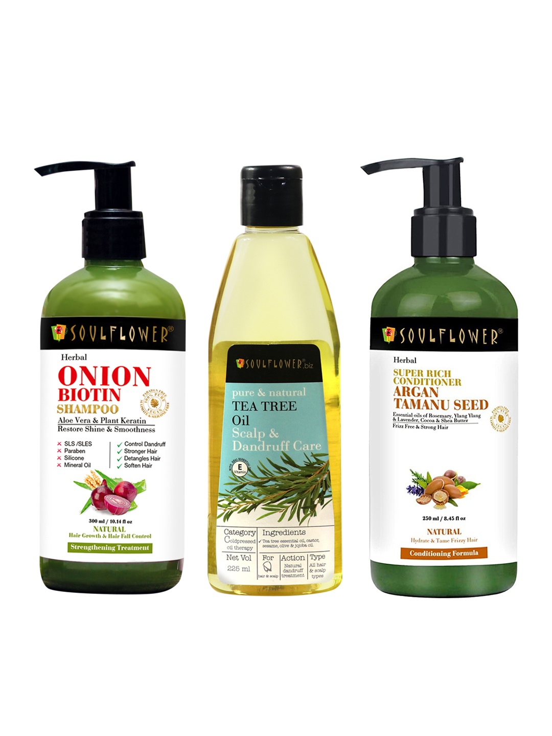 

Soulflower Set of Tea Tree Oil 225ml + Argan Hair Conditioner 250ml + Onion Shampoo 300ml, Green