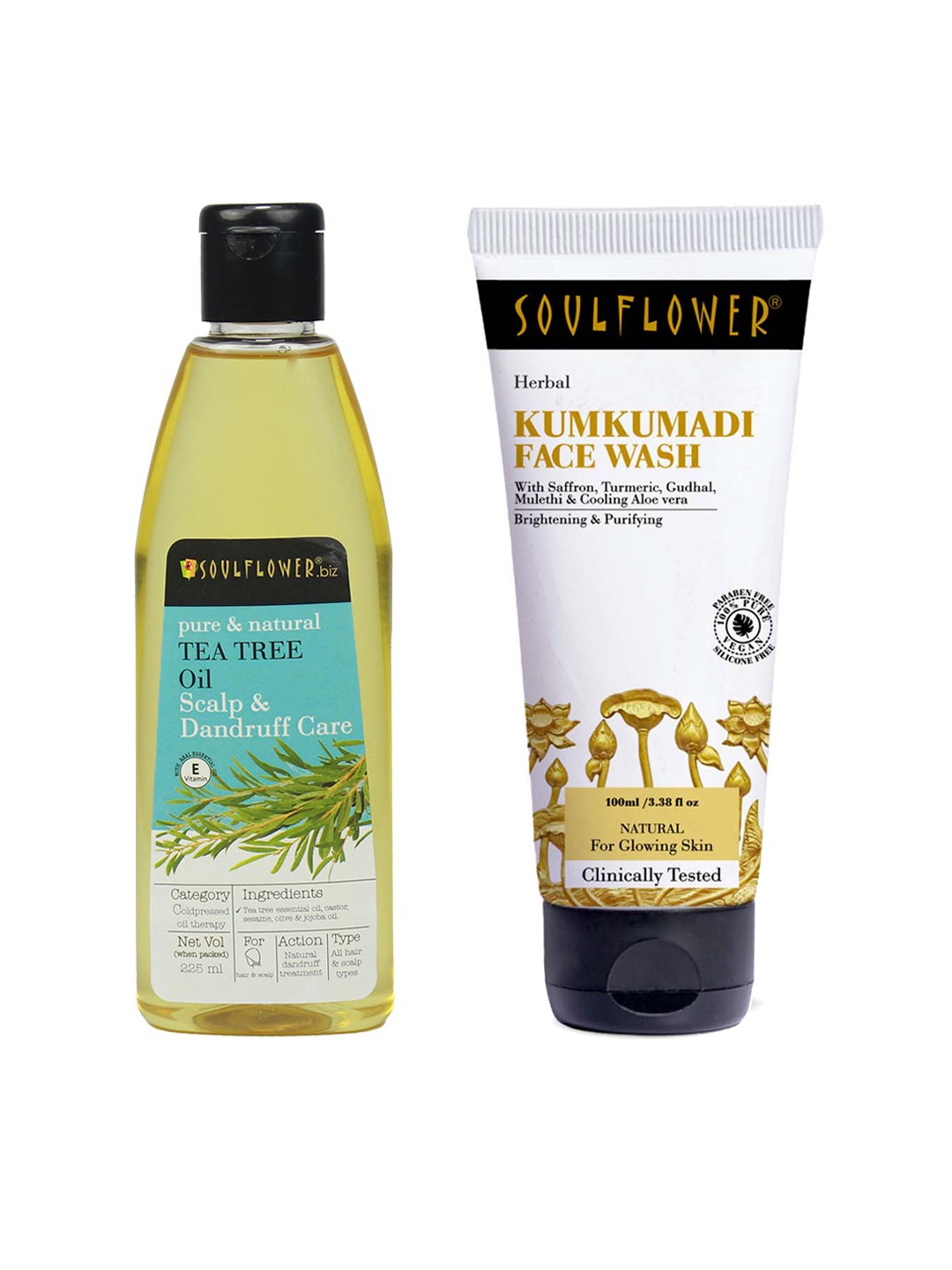 

Soulflower Set Of Kumkumadi Face Wash 100ml & Scalp & Dandruff Care Tea Tree Oil 225ml, Blue