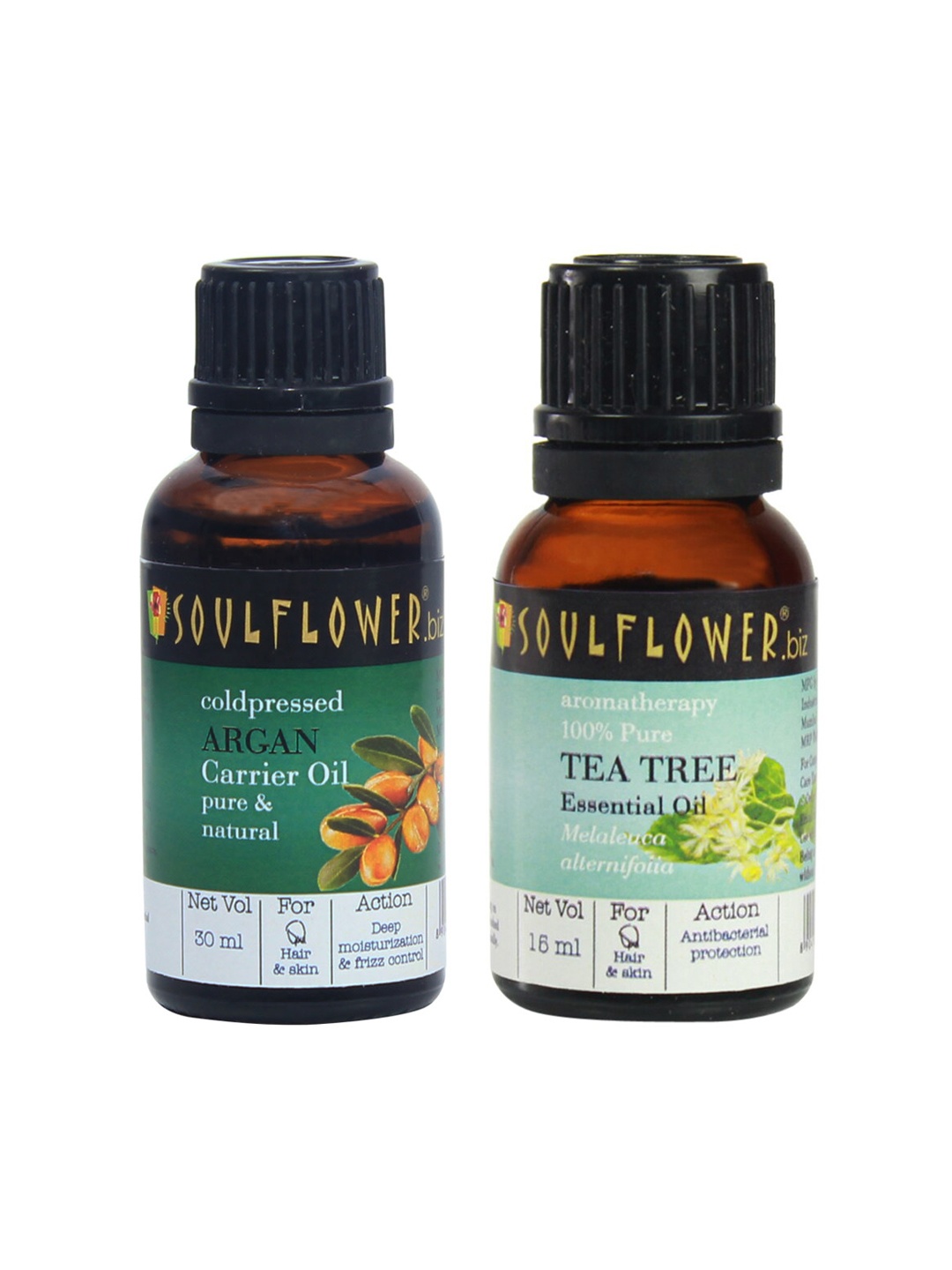 

Soulflower Set Of Coldpressed Argan Carrier Oil 30ml & Pure Tea Tree Essential Oil 15ml, Green