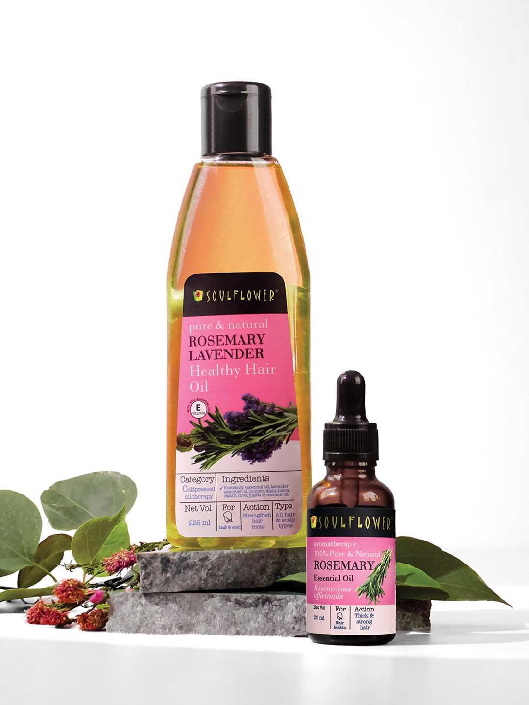 

Soulflower Set Of Rosemary Lavender Healthy Hair Oil 225ml & Rosemary Essential Oil 15ml, Pink