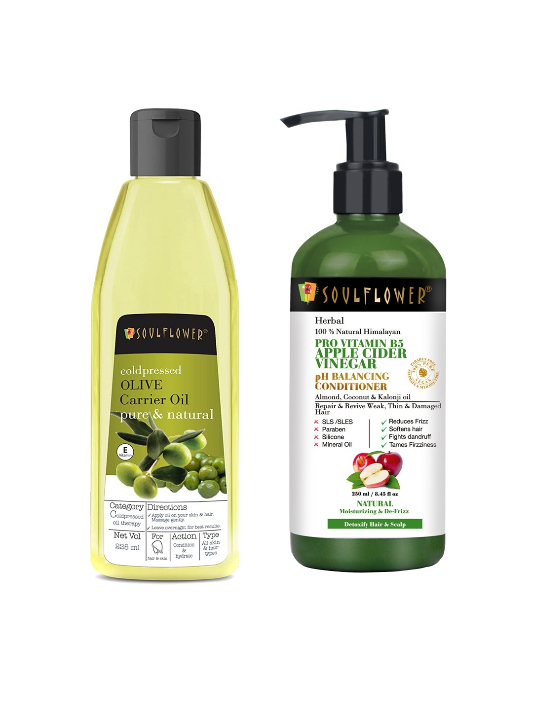 

Soulflower Set of Pro-Vitamin B5 Shampoo-Conditioner 550 ml & Extra Virgin Olive Oil 225ml, Transparent