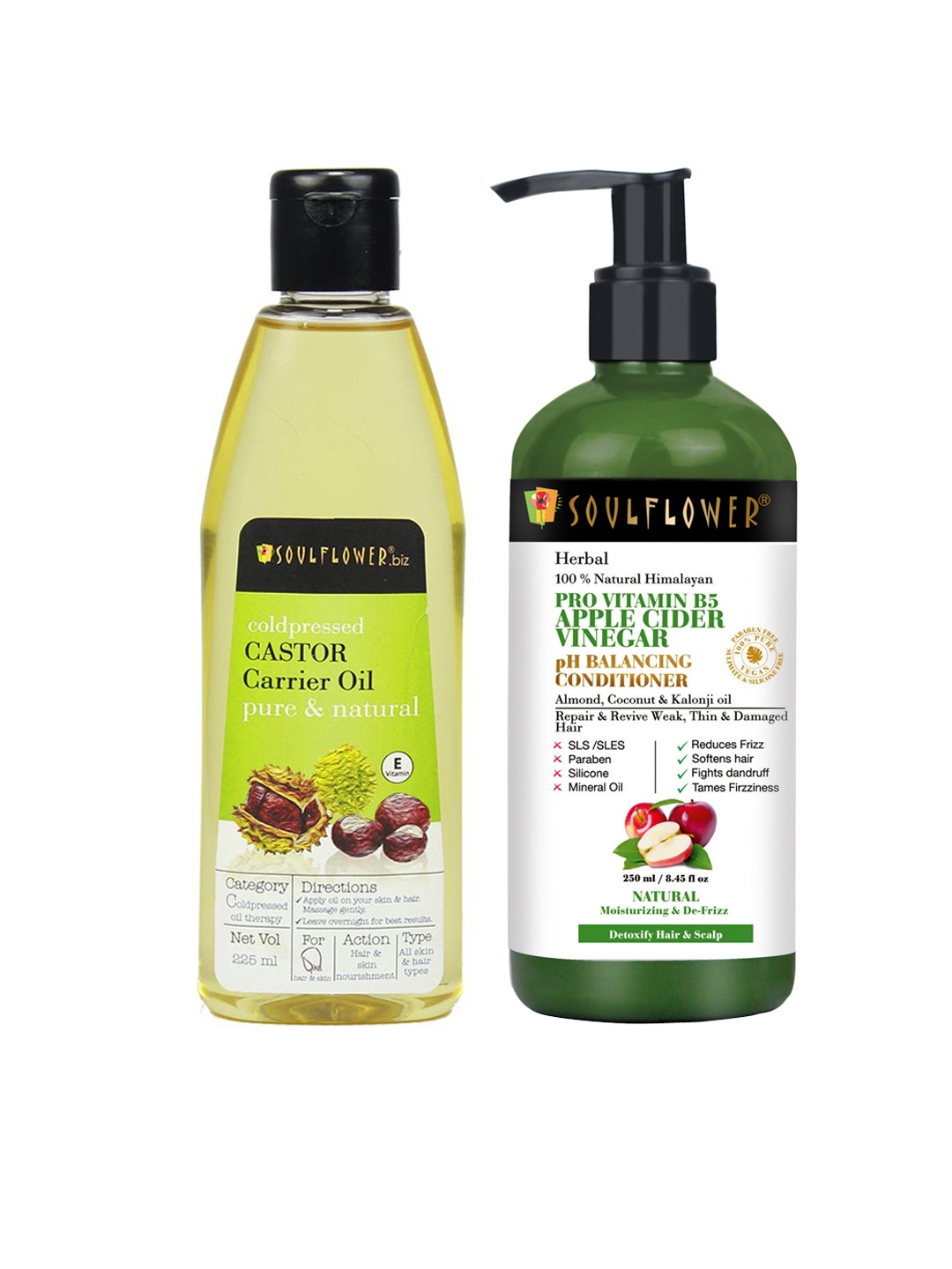 

Soulflower Set of Pro-Vitamin B5 Shampoo-Conditioner 550 ml & Castor Hair Oil 225 ml, Transparent